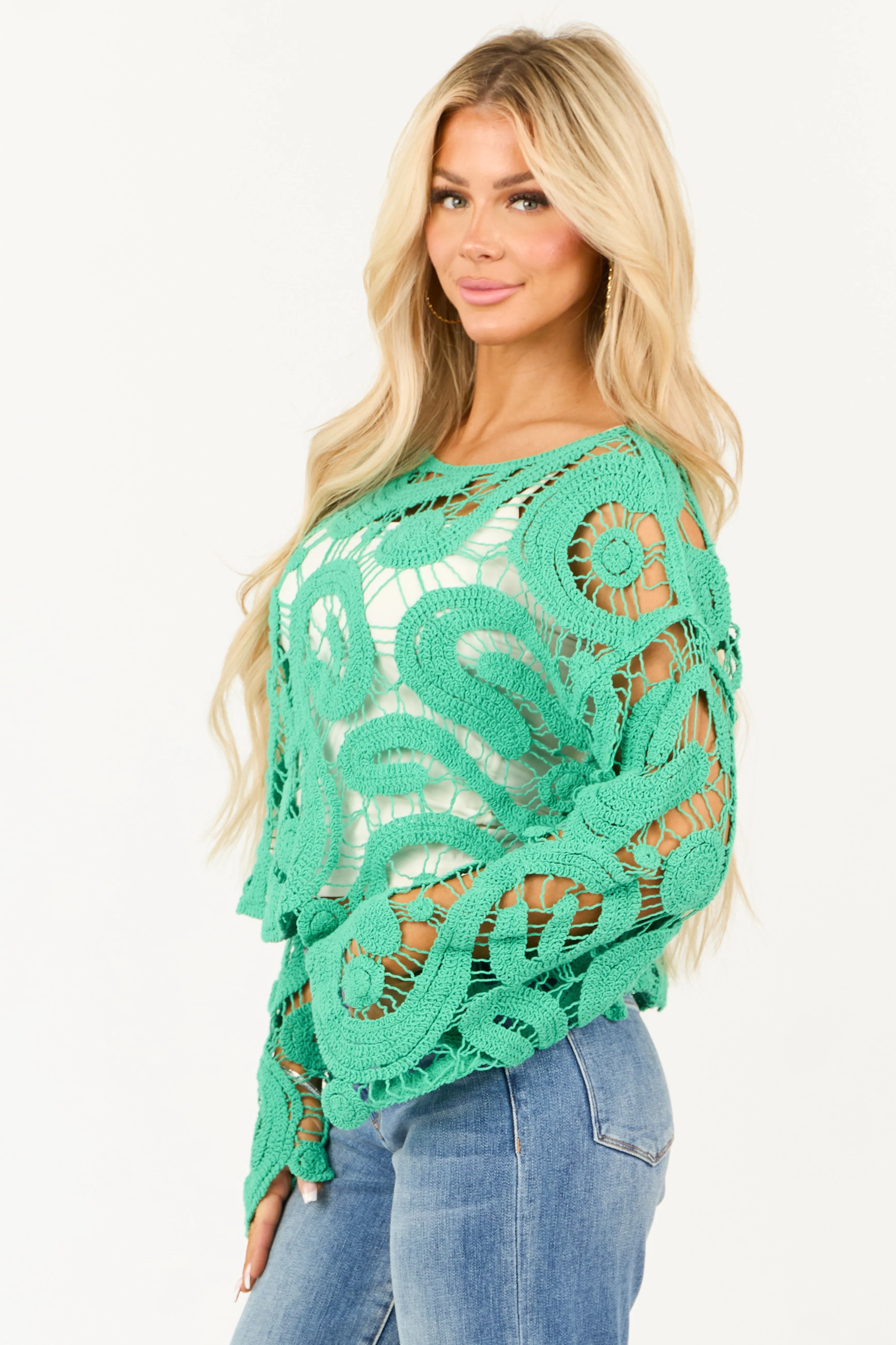 Kelly Green Crochet Lace Long Flare Sleeve Top sold by Lime Lush product image thumbnail 4