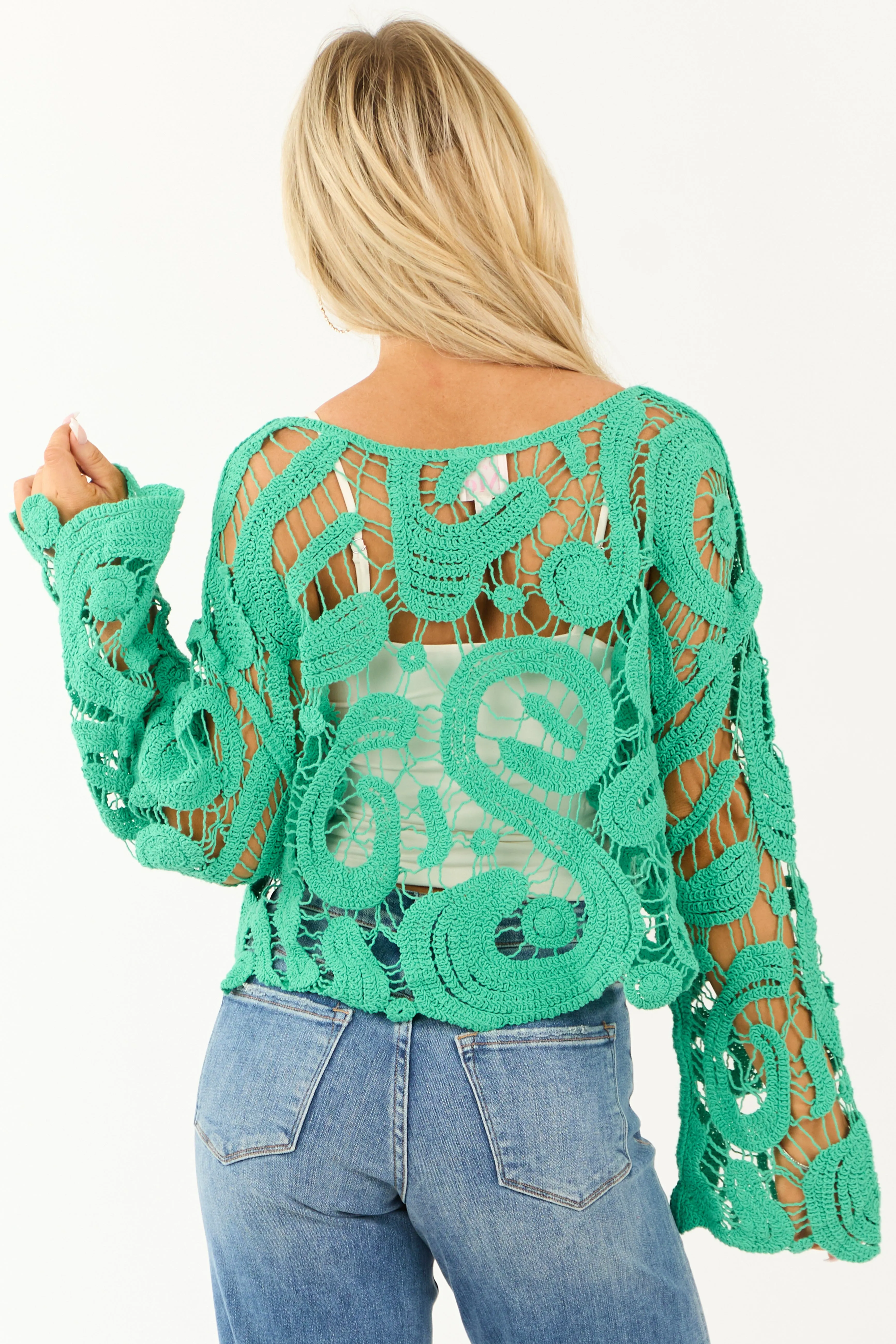 Kelly Green Crochet Lace Long Flare Sleeve Top sold by Lime Lush product image thumbnail 5