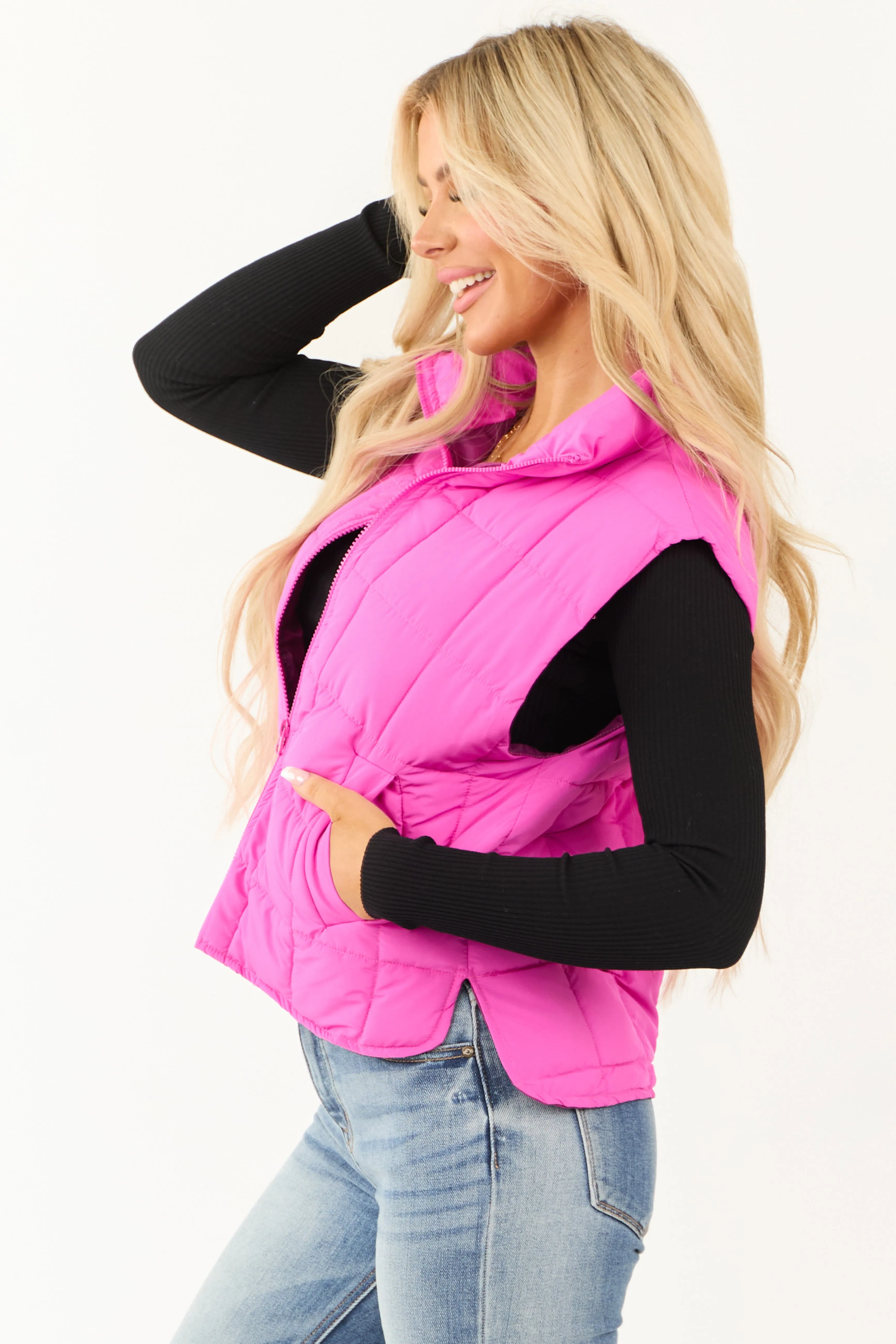 Magenta Zip Up Mock Neck Padded Puffer Vest sold by Lime Lush product image thumbnail 4