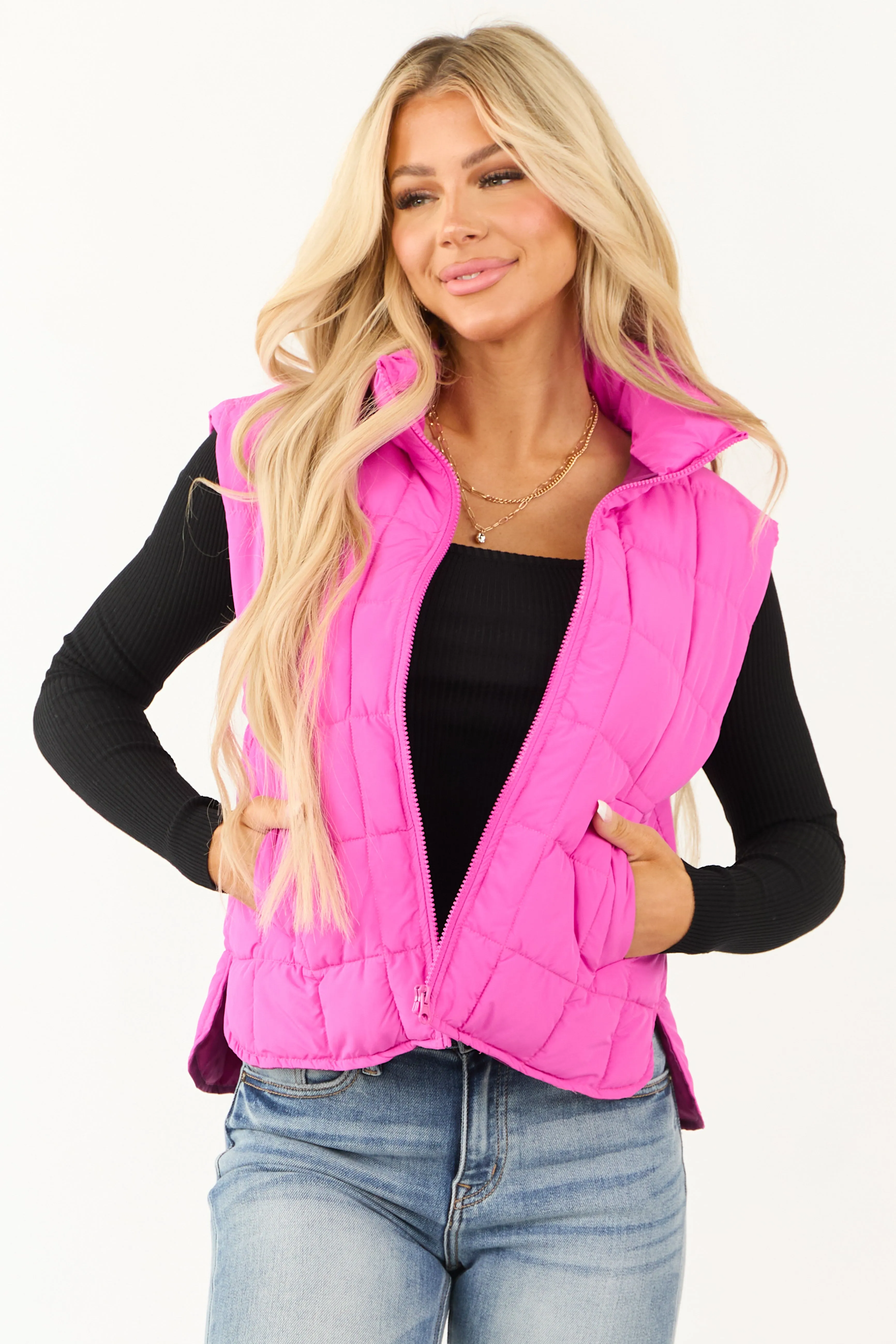 Magenta Zip Up Mock Neck Padded Puffer Vest sold by Lime Lush
