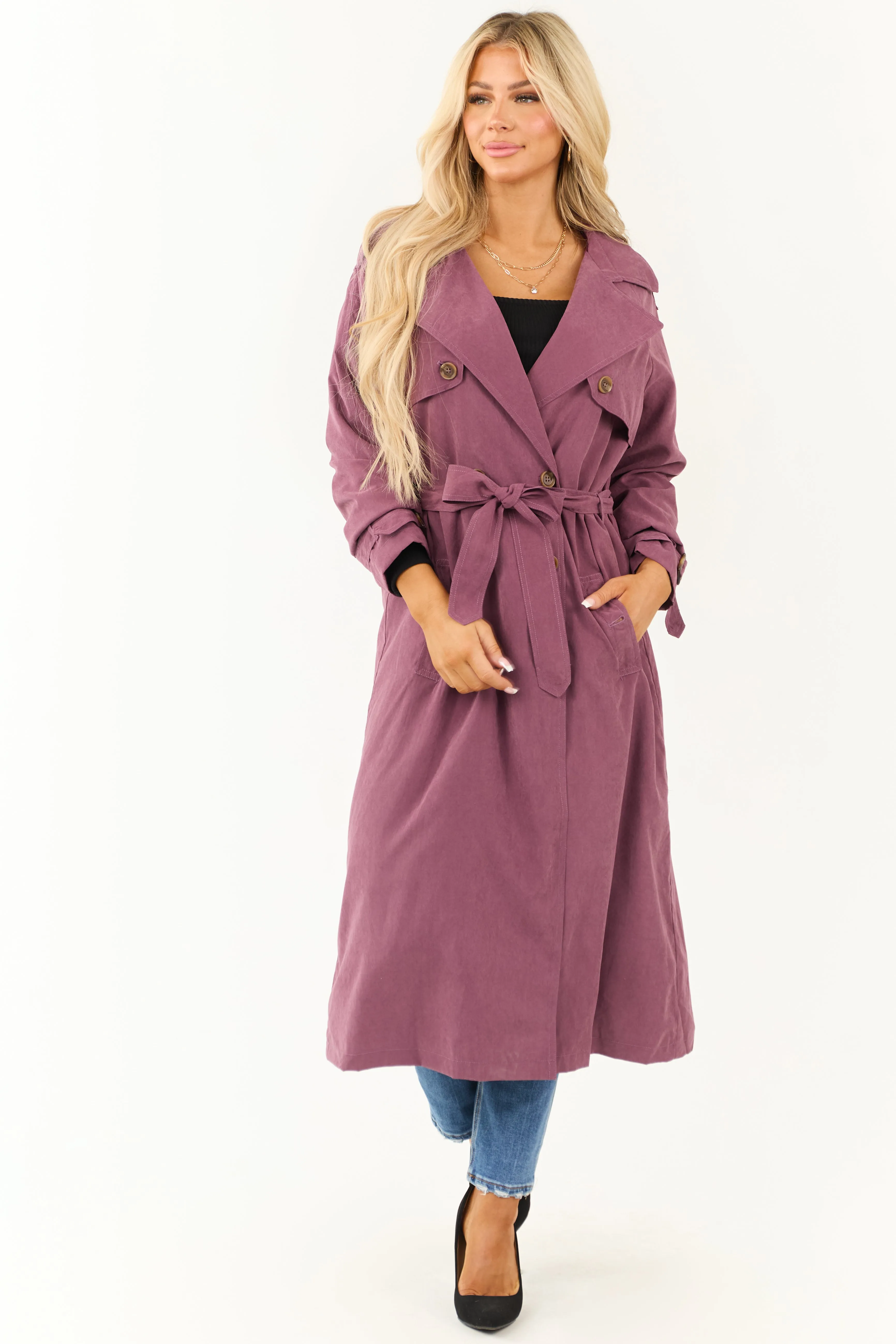 Boysenberry Double Button Long Trench Coat sold by Lime Lush product image thumbnail 3