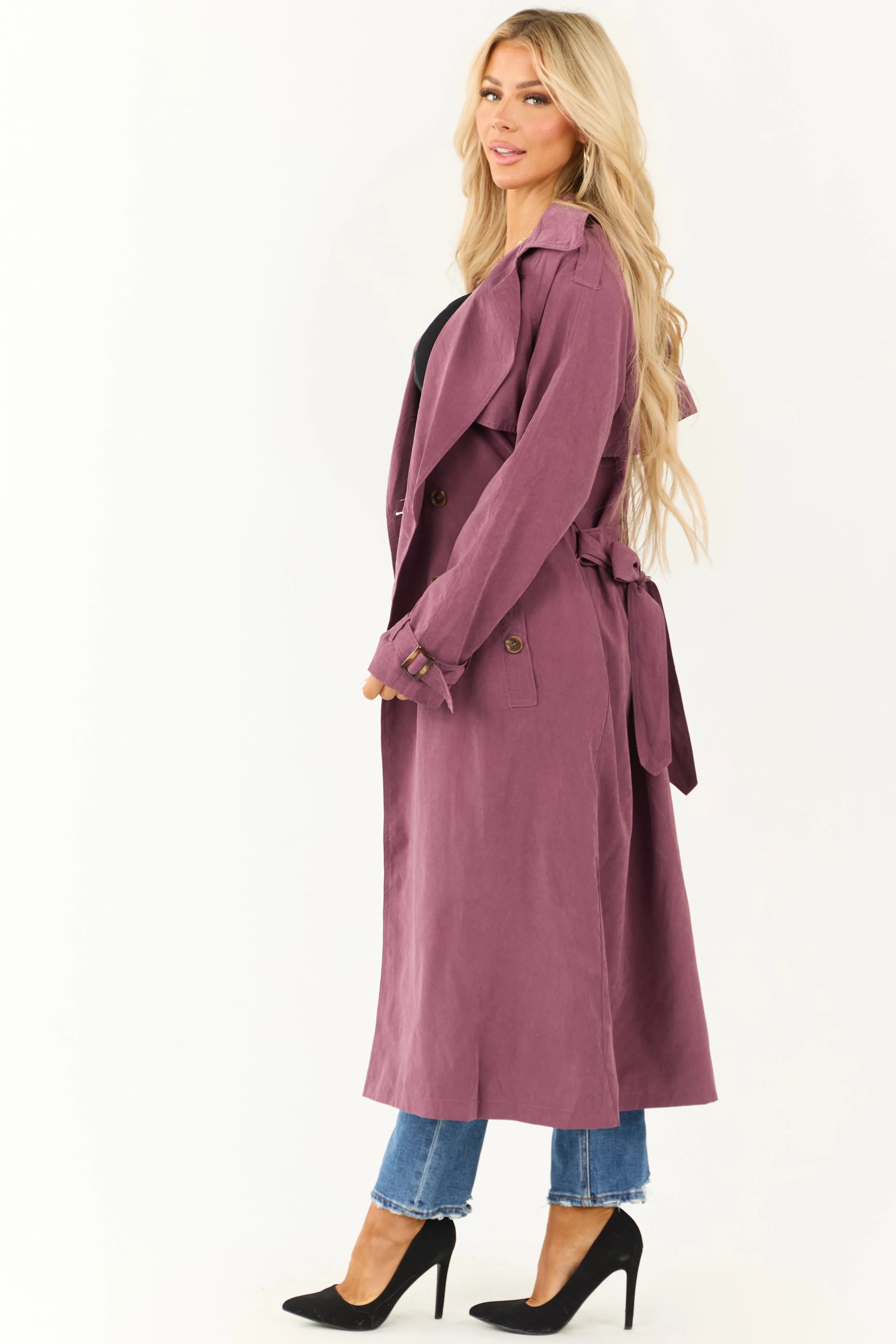 Boysenberry Double Button Long Trench Coat sold by Lime Lush product image thumbnail 4