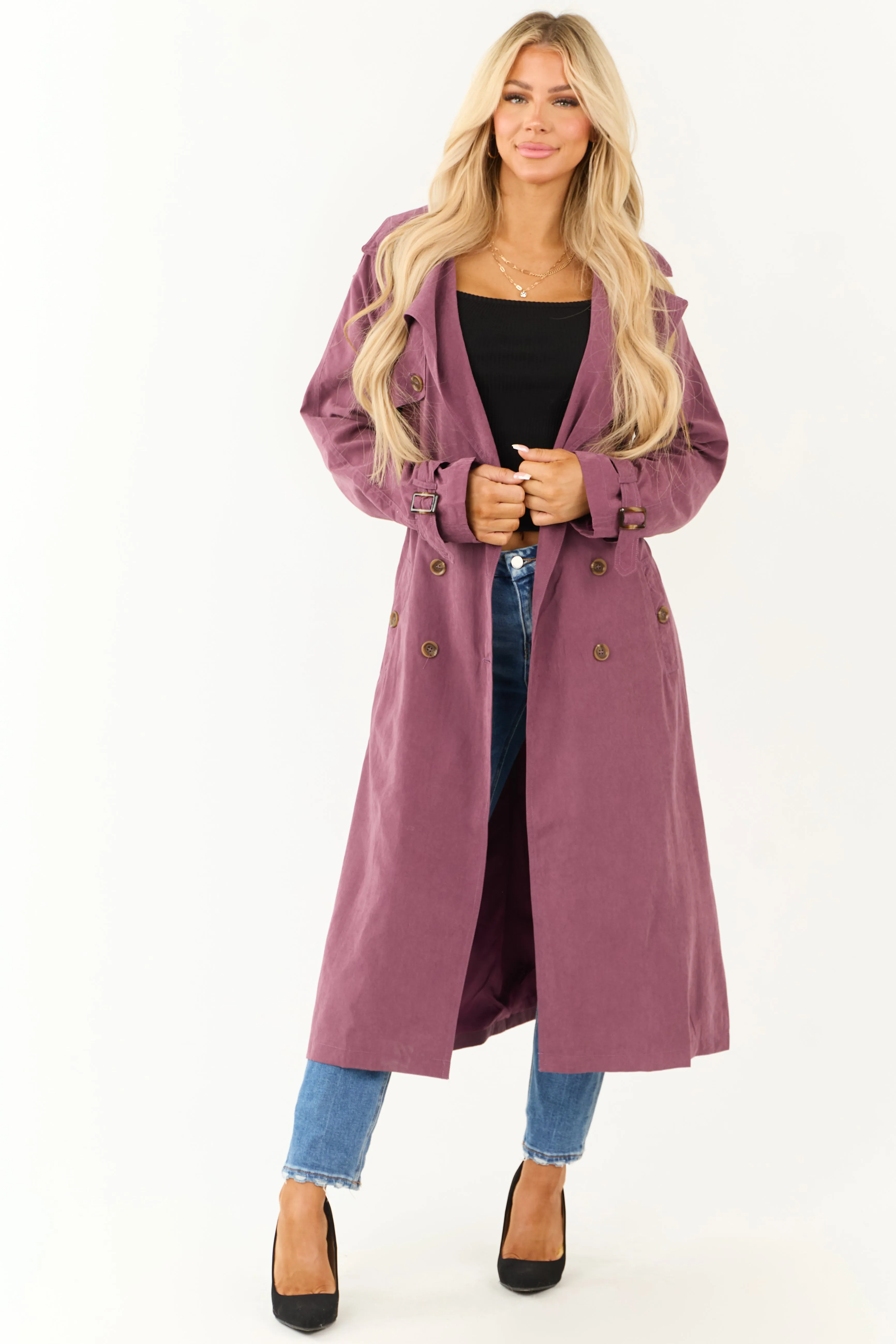 Boysenberry Double Button Long Trench Coat sold by Lime Lush product image thumbnail 2