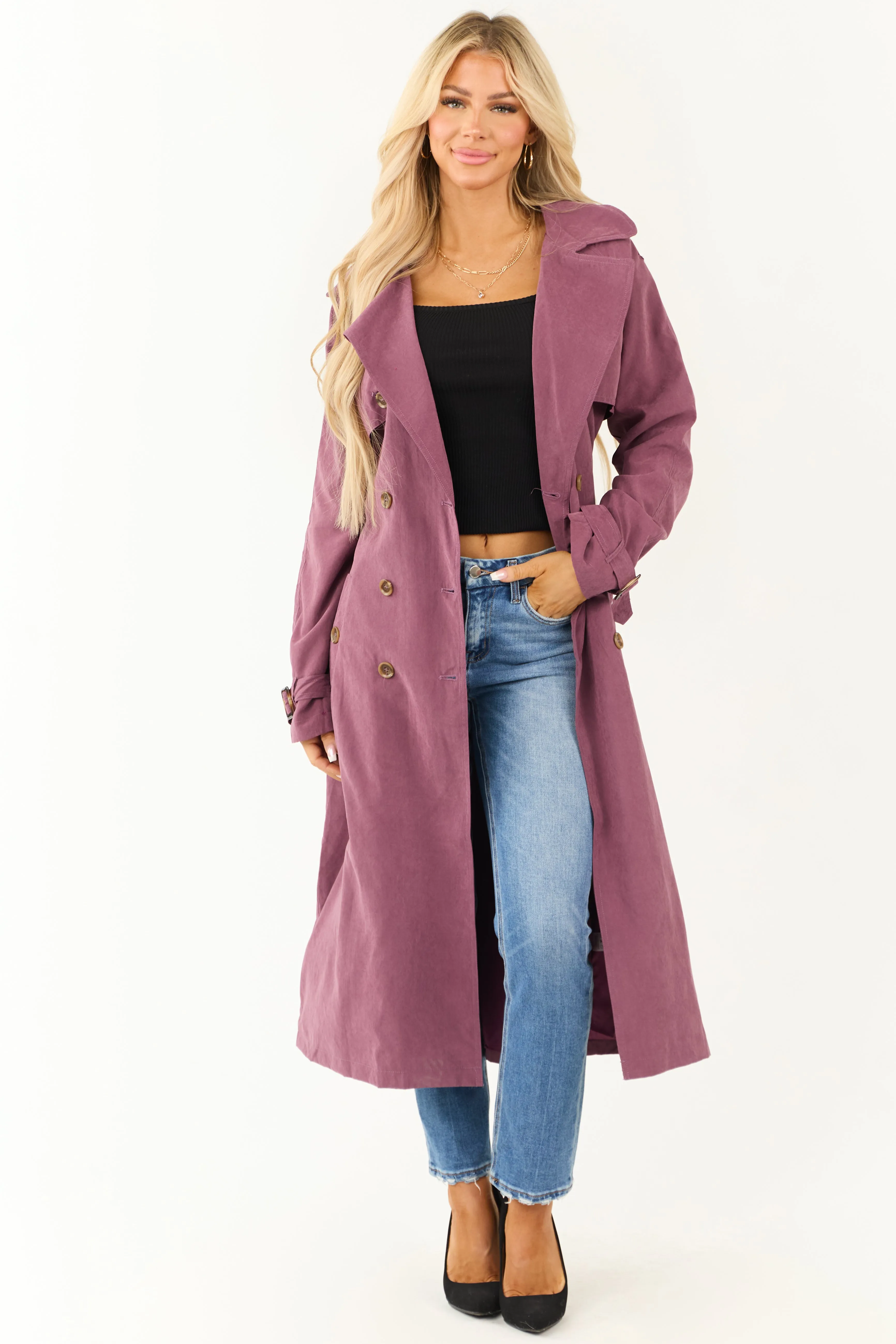 Boysenberry Double Button Long Trench Coat sold by Lime Lush