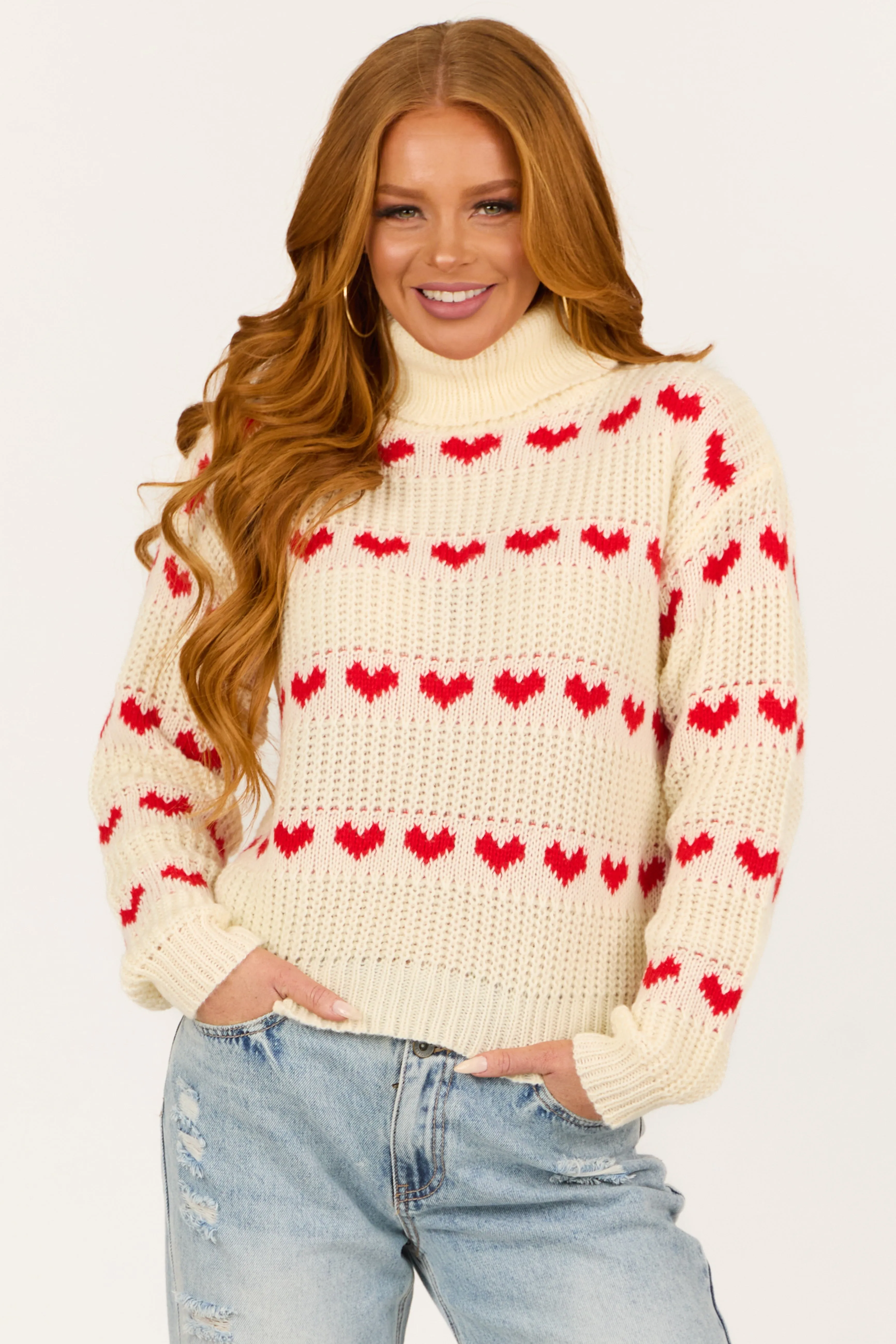 Cream Heart Print Turtleneck Long Sleeve Sweater sold by Lime Lush product image thumbnail 2
