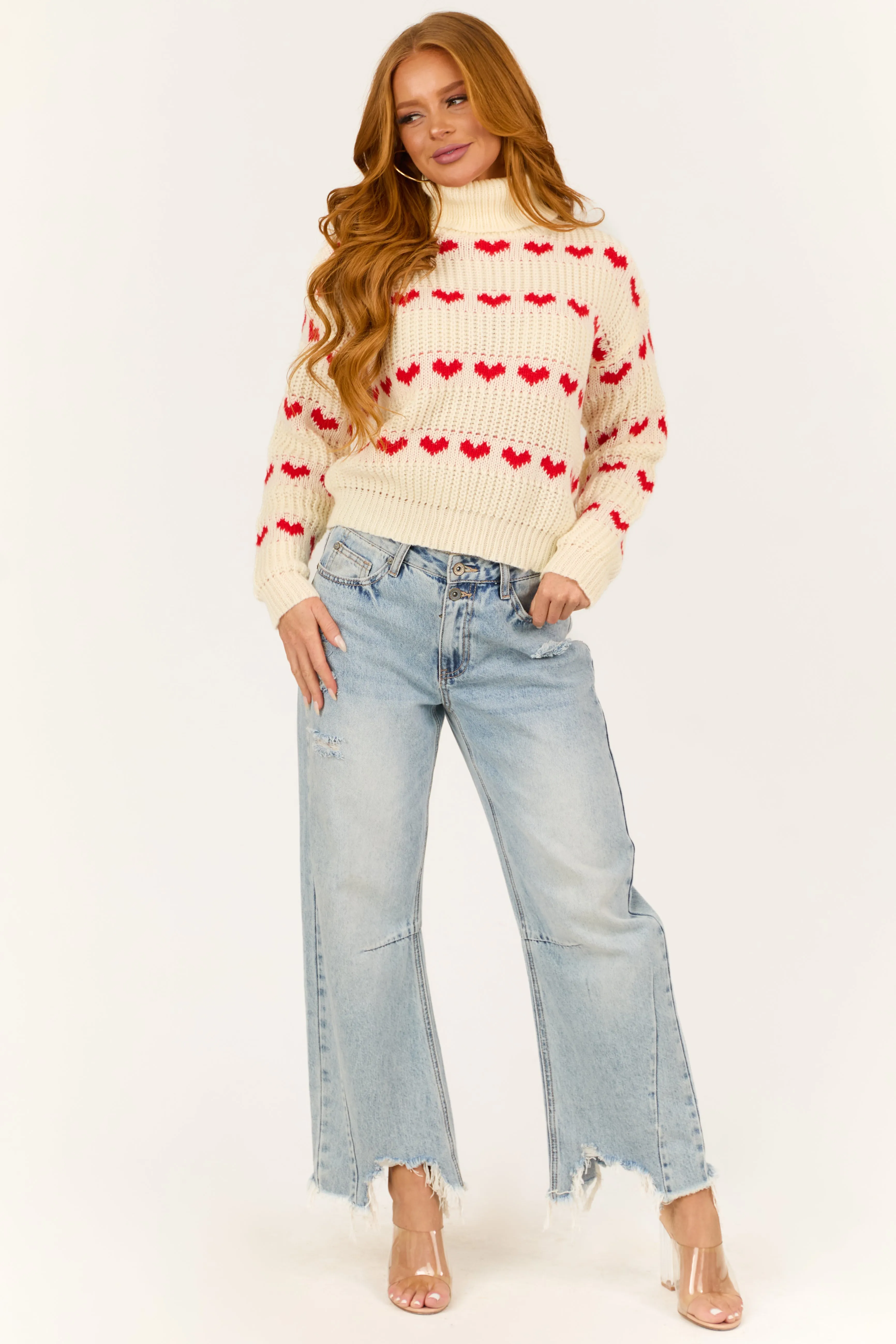Cream Heart Print Turtleneck Long Sleeve Sweater sold by Lime Lush product image thumbnail 3