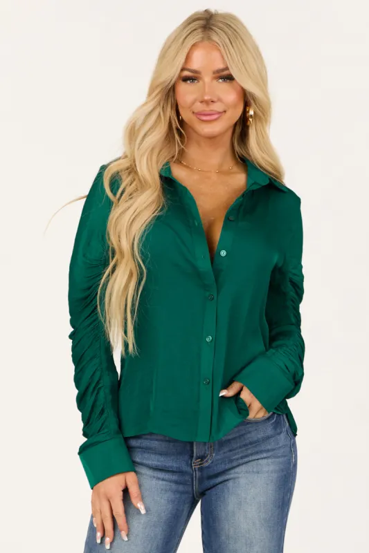 Pine Ruched Long Sleeve Button Down Top sold by Lime Lush