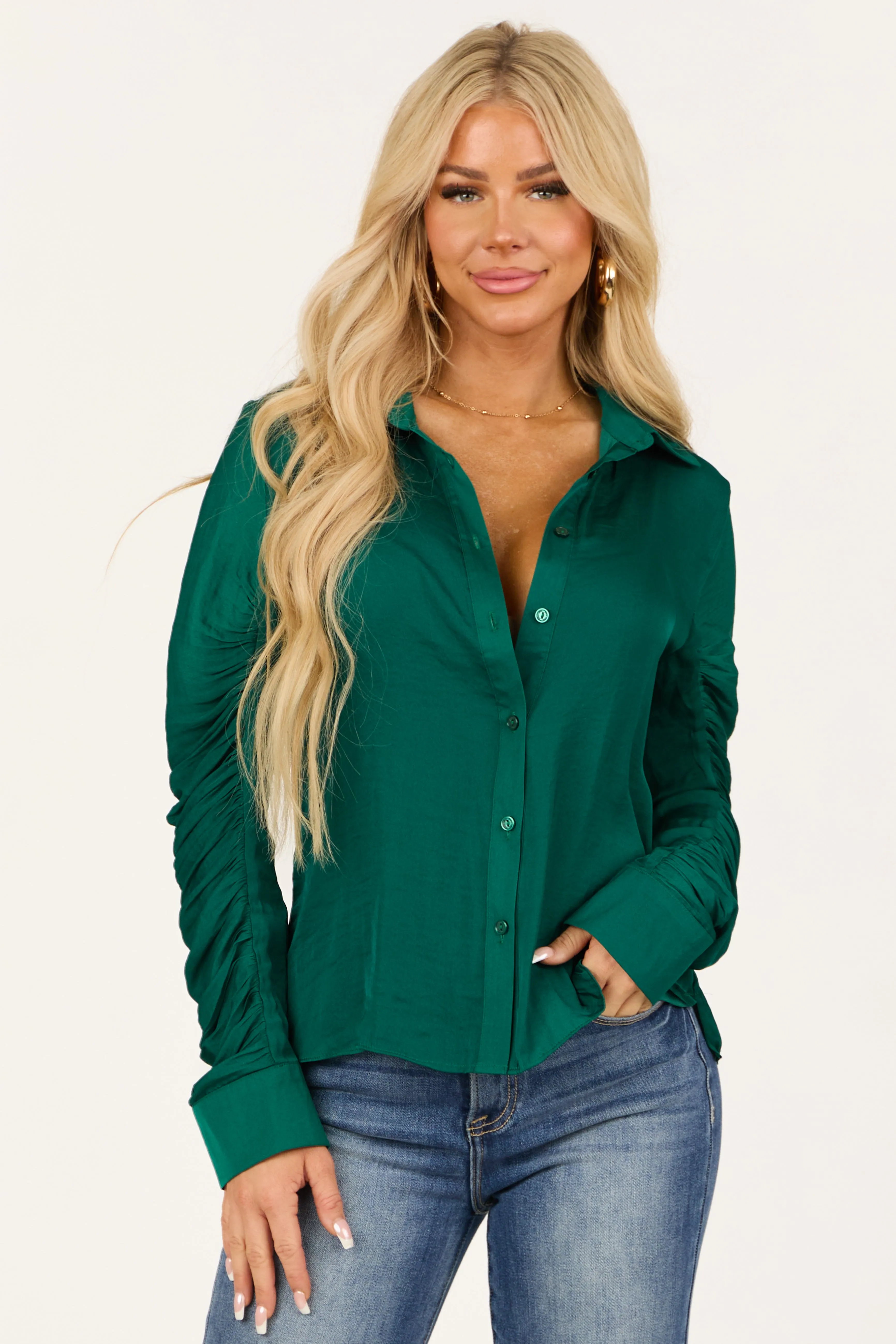 Pine Ruched Long Sleeve Button Down Top sold by Lime Lush