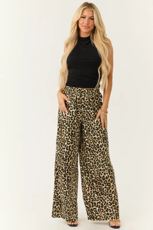 Camel Satin Leopard Print Wide Leg Pants sold by Lime Lush