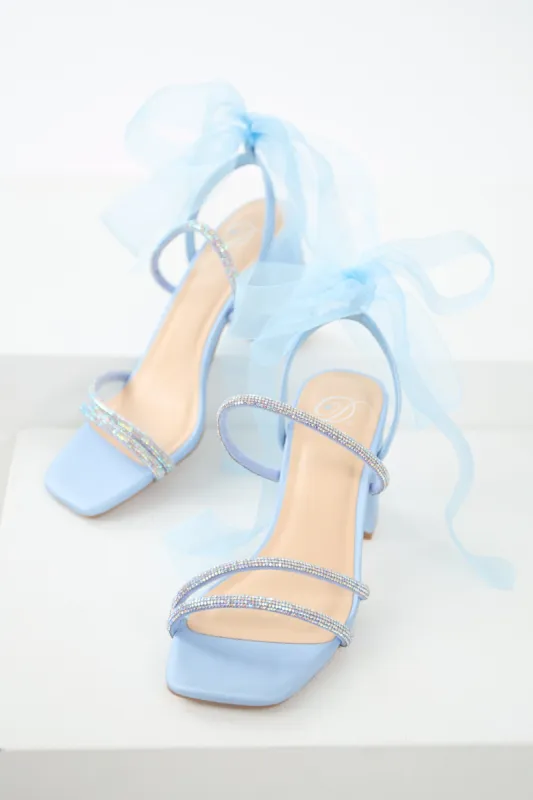 Powder Blue Rhinestone Ribbon Strap Heels sold by Lime Lush
