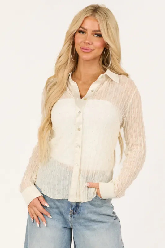 Cream Mesh Lace Long Sleeve Button Up Rhinestone Top sold by Lime Lush