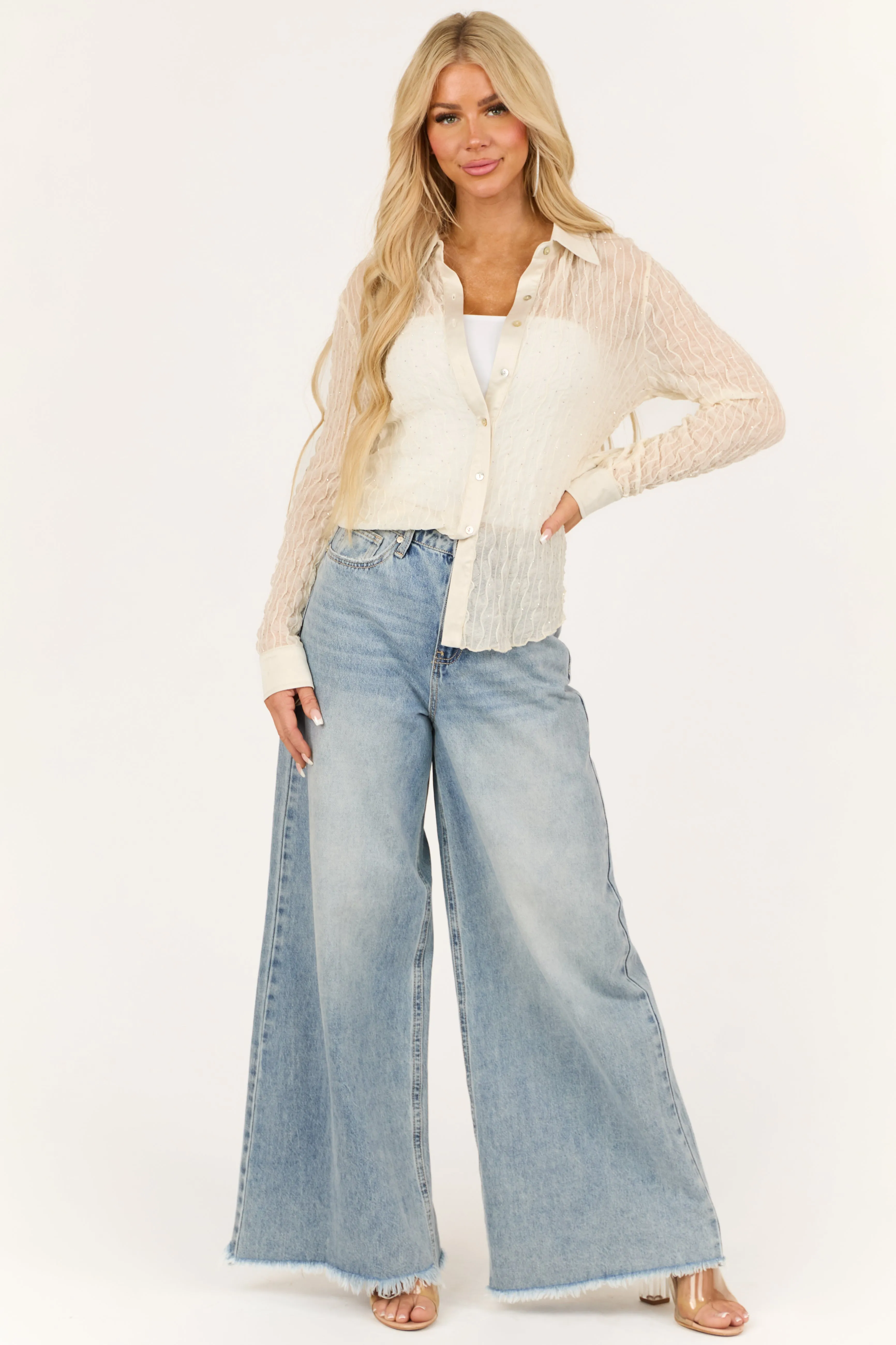 Cream Mesh Lace Long Sleeve Button Up Rhinestone Top sold by Lime Lush product image thumbnail 3