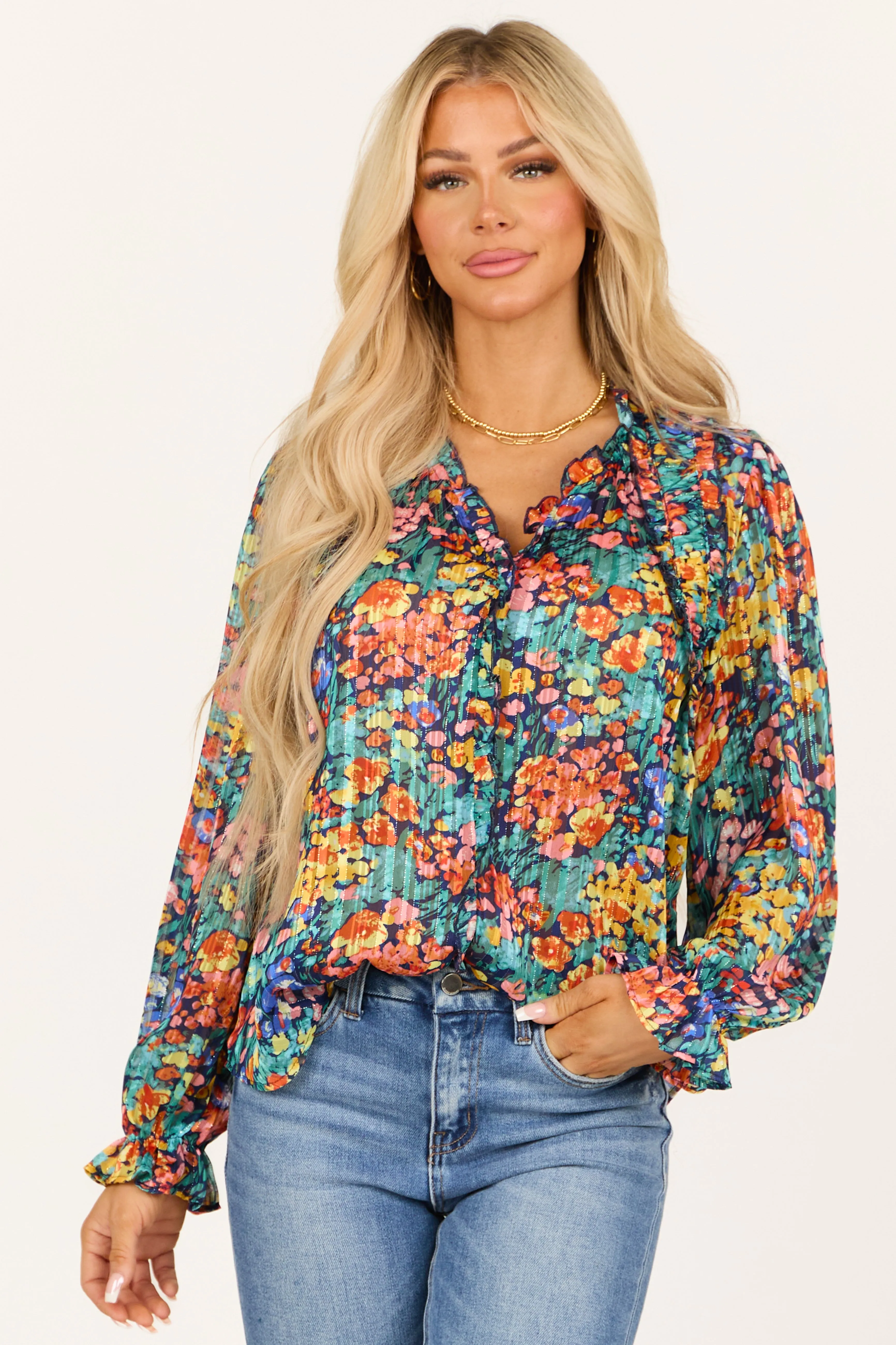 Teal Colorful Floral Lurex Frill V Neck Blouse sold by Lime Lush