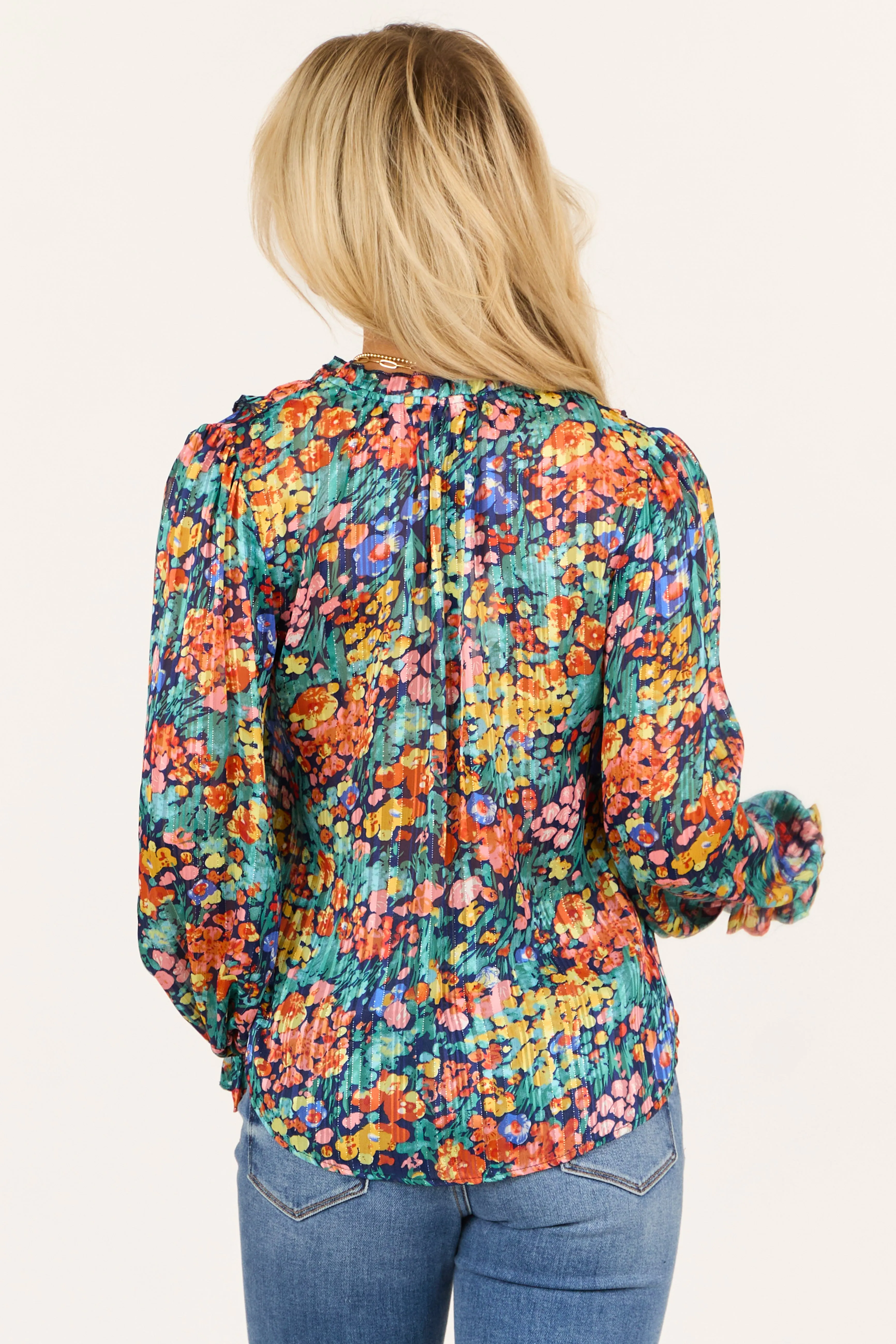 Teal Colorful Floral Lurex Frill V Neck Blouse sold by Lime Lush product image thumbnail 5