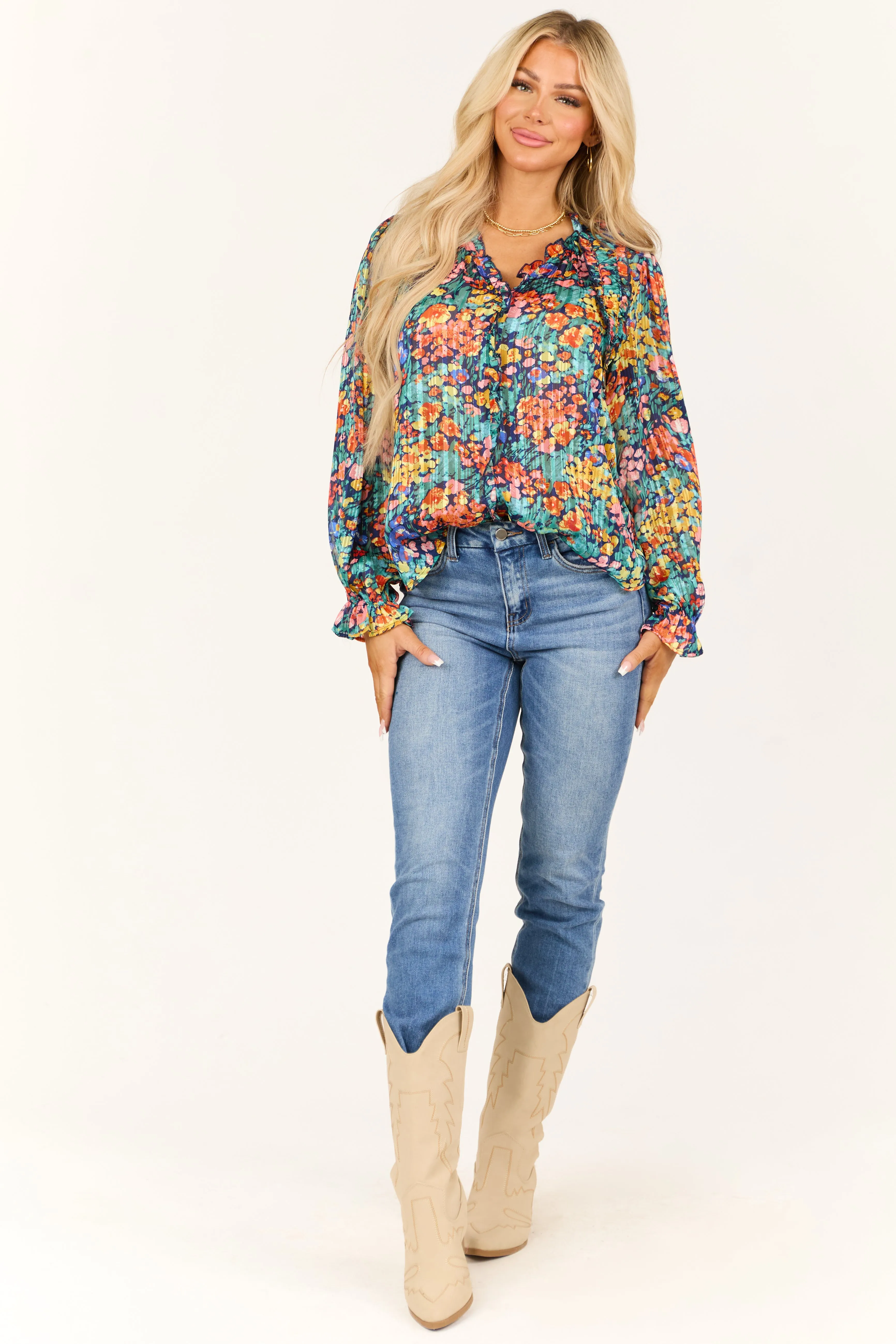 Teal Colorful Floral Lurex Frill V Neck Blouse sold by Lime Lush product image thumbnail 2