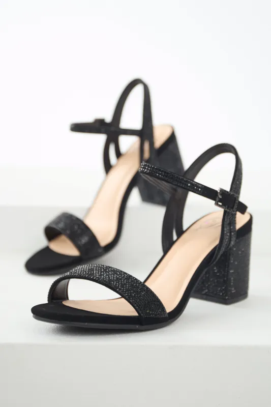 Black Rhinestone Strap Block Heel Sandals sold by Lime Lush