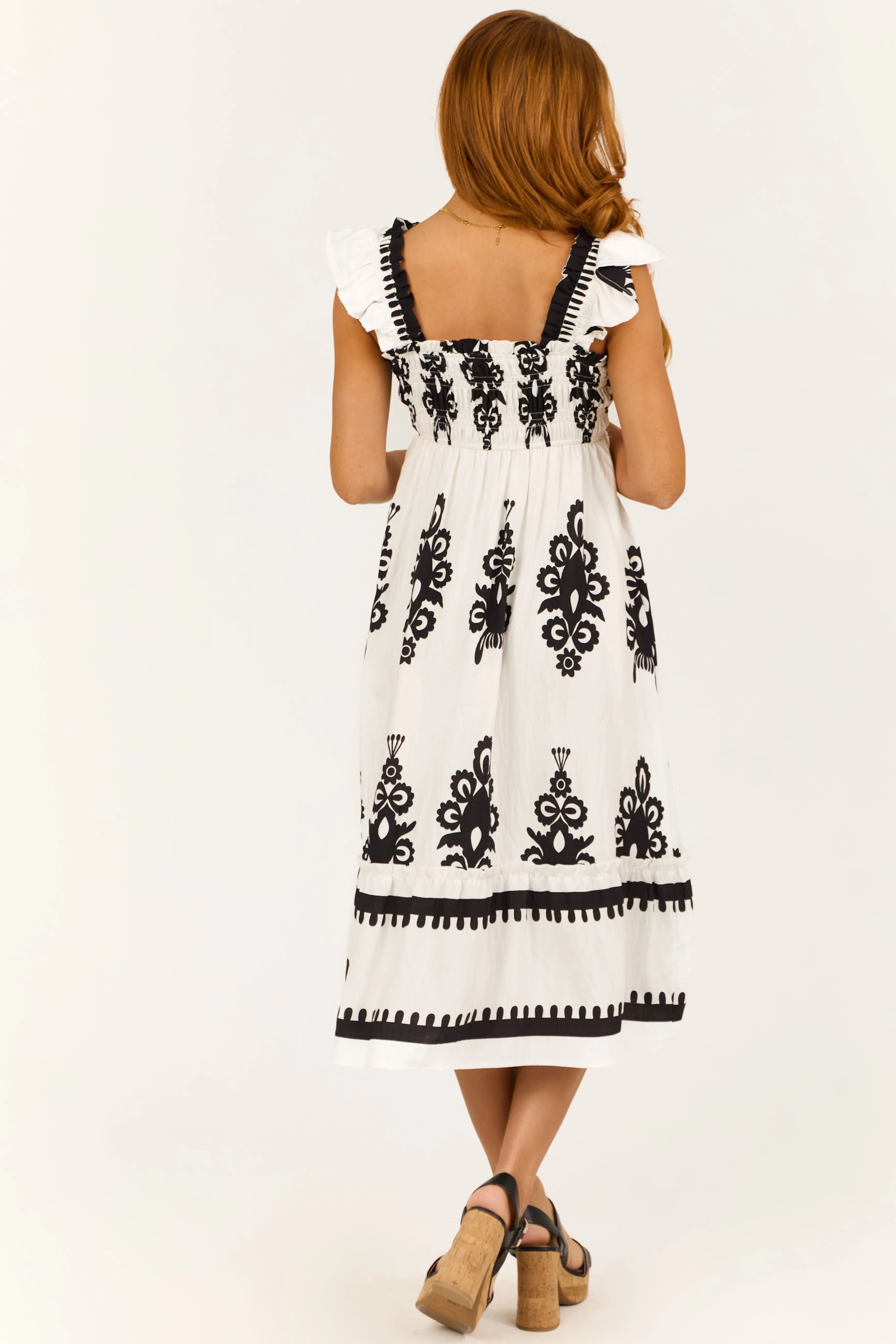 White and Black Abstract Print Smocked Midi Sun Dress sold by Lime Lush product image thumbnail 5
