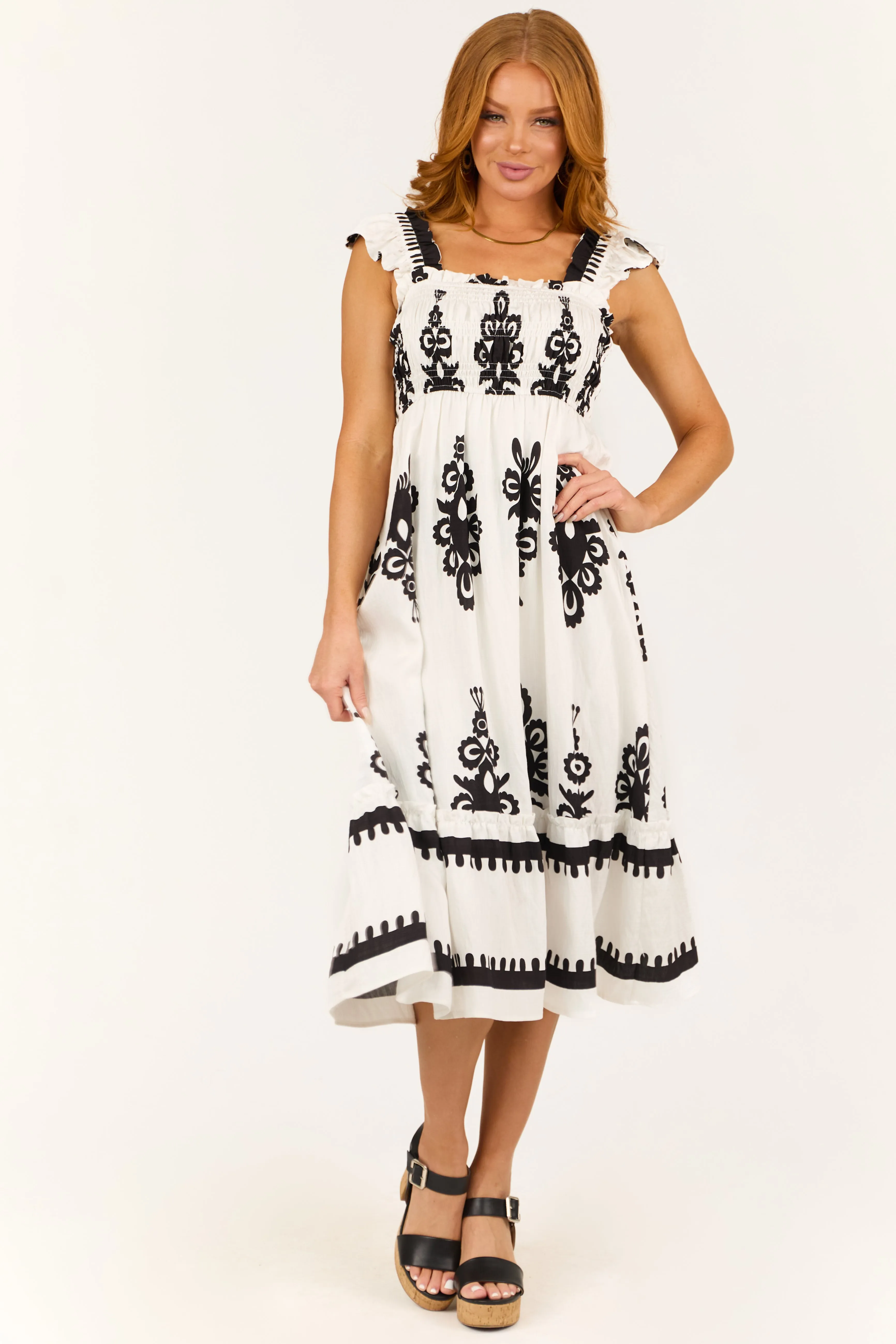 White and Black Abstract Print Smocked Midi Sun Dress sold by Lime Lush product image thumbnail 3