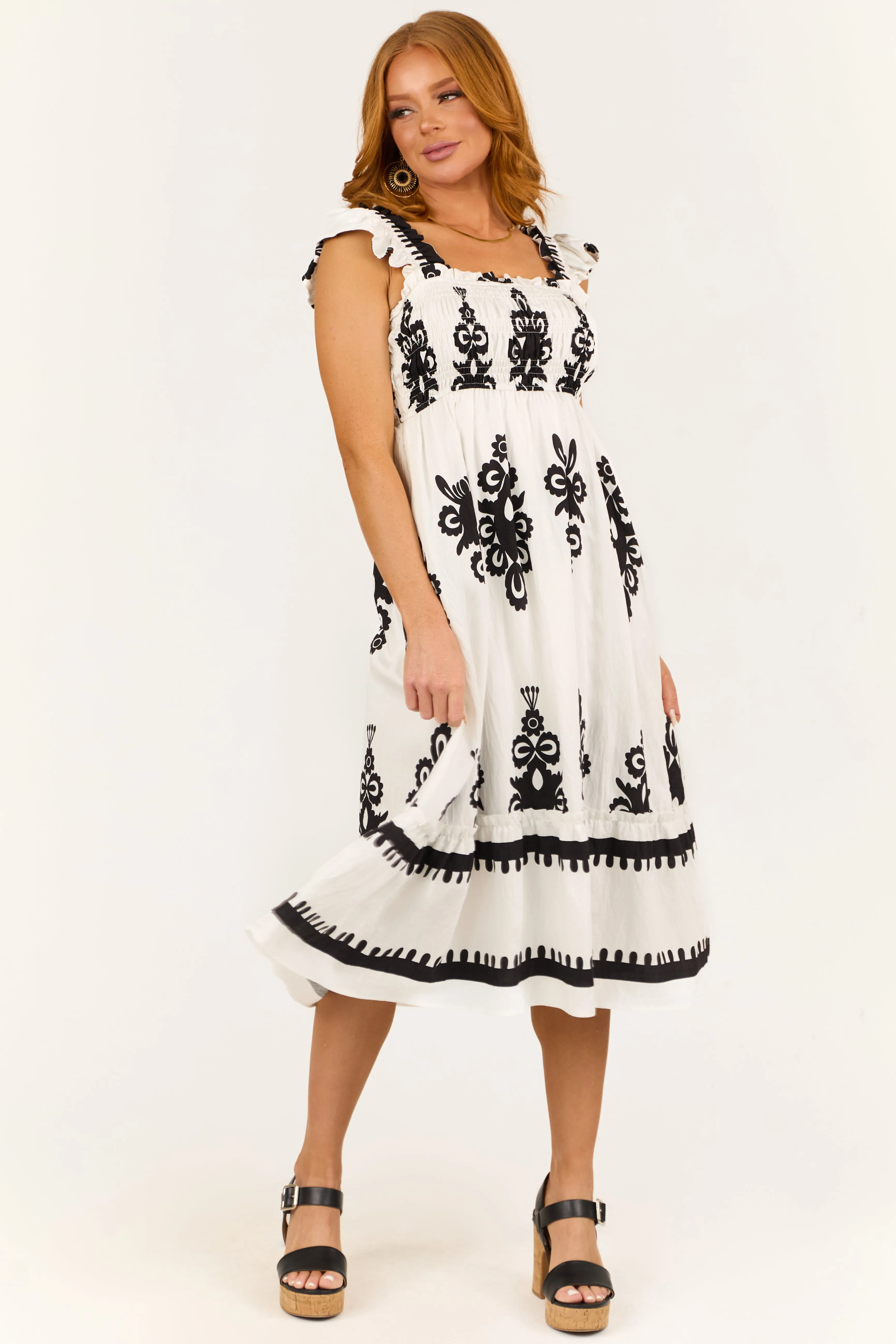 White and Black Abstract Print Smocked Midi Sun Dress sold by Lime Lush product image thumbnail 2