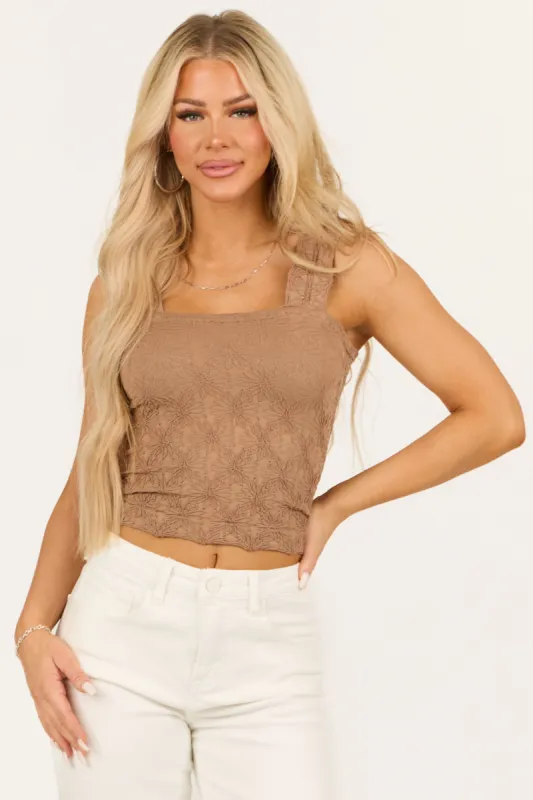 Coffee Floral Textured Cropped Tank Top sold by Lime Lush
