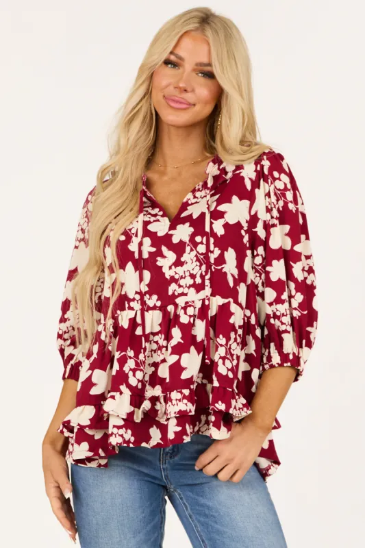 Maroon Floral Outline Ruffle 3/4 Sleeve Top sold by Lime Lush
