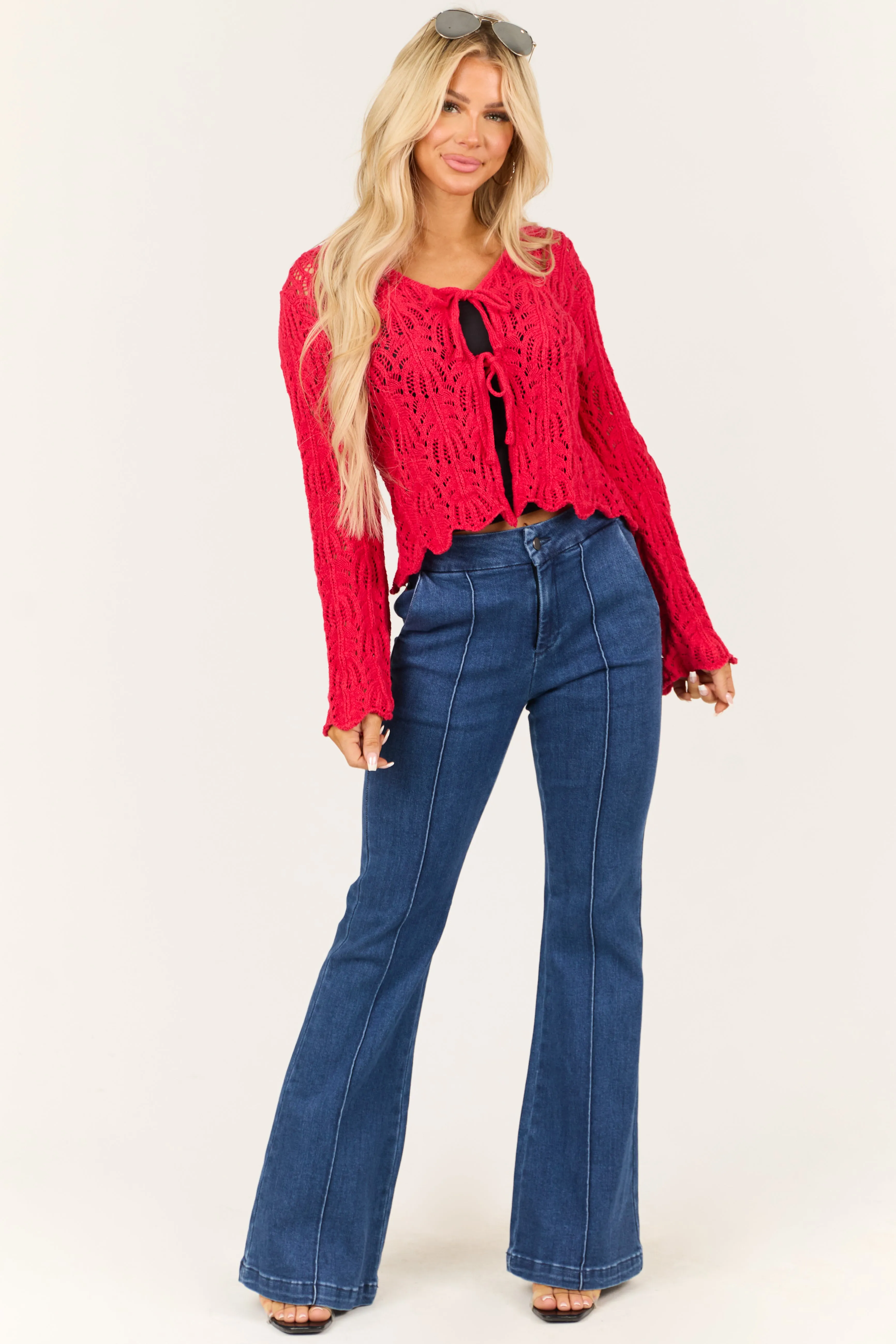 Crimson Front Tie Flare Long Sleeve Cardigan sold by Lime Lush product image thumbnail 3