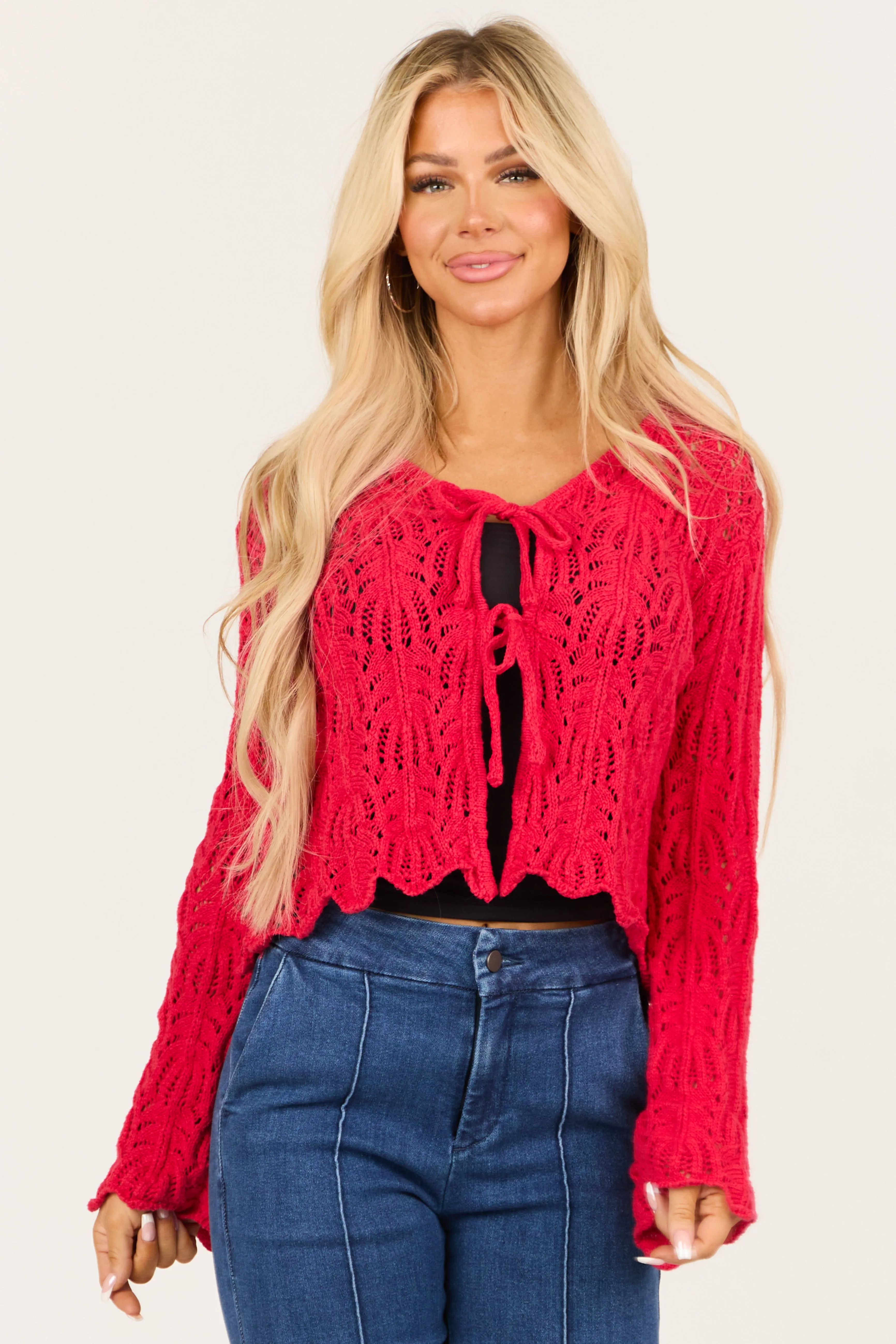 Crimson Front Tie Flare Long Sleeve Cardigan sold by Lime Lush product image thumbnail 2