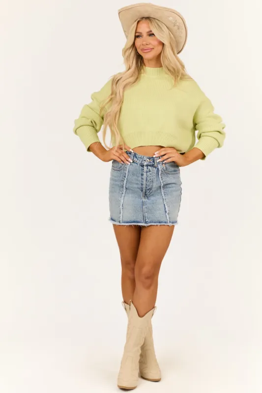 Medium Wash Denim Raw Seam Detail Mini Skirt sold by Lime Lush