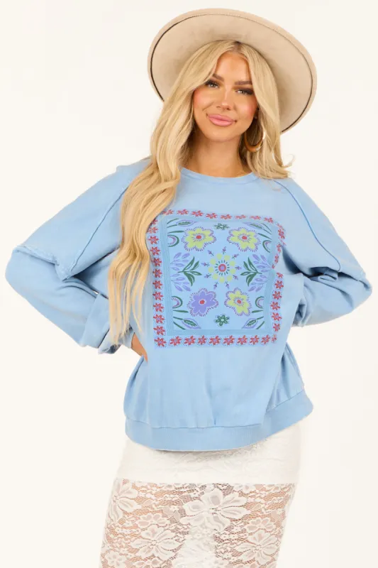 Powder Blue Floral Graphic Long Sleeve Knit Top sold by Lime Lush