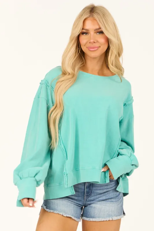 Turquoise Mineral Wash Rib Knit Long Sleeve Top sold by Lime Lush
