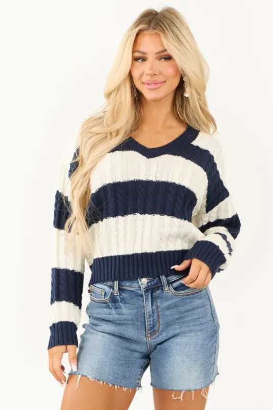 Navy Striped V Neck Cable Knit Sweater sold by Lime Lush