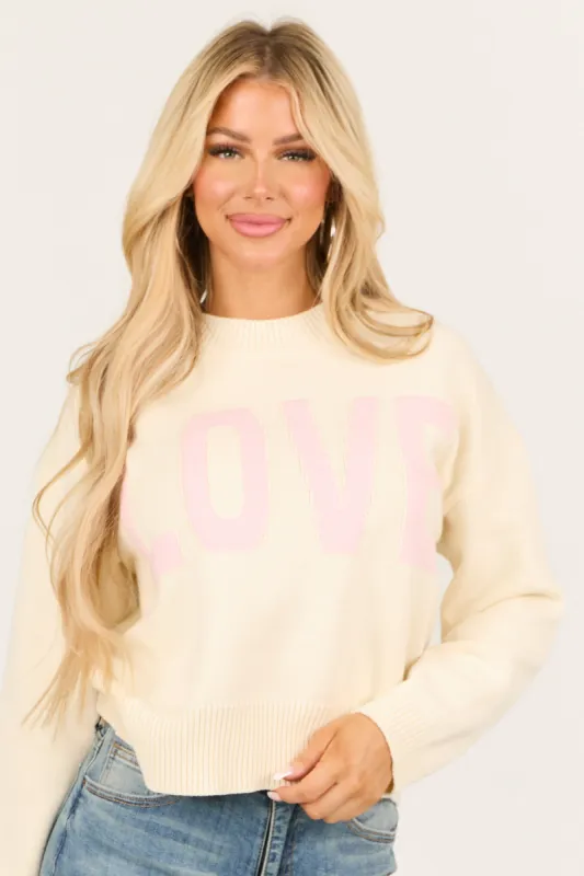 Cream High Neck 'LOVE' Intarsia Long Sleeve Sweater made by Le Lis
