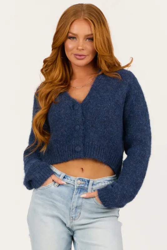 Heathered Navy Button Down Fuzzy Long Sleeve Cardigan sold by Lime Lush