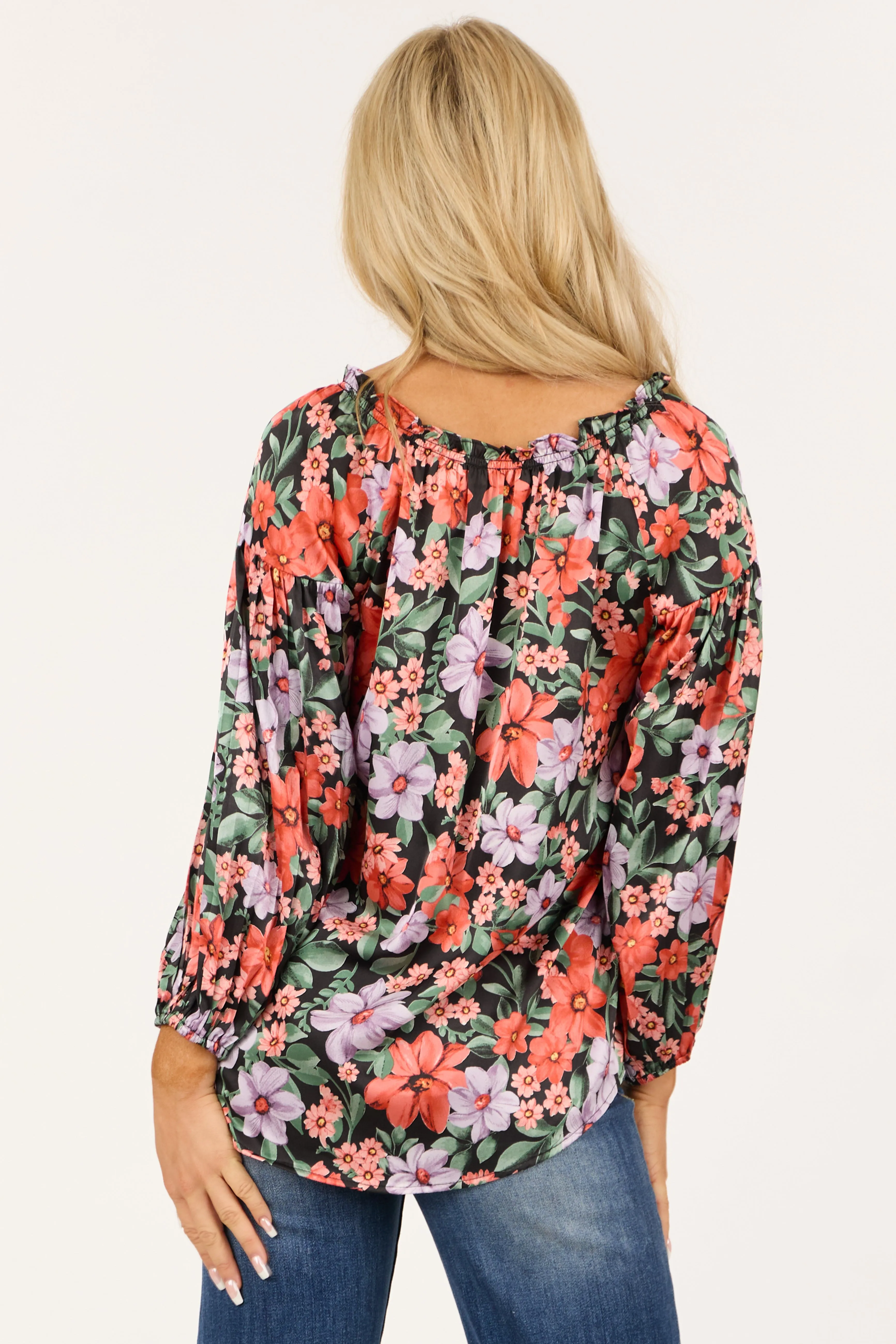 Black Floral V Neck Pleated Long Sleeve Top sold by Lime Lush product image thumbnail 5