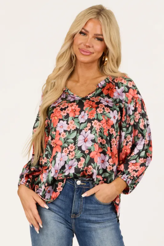 Black Floral V Neck Pleated Long Sleeve Top made by Umgee