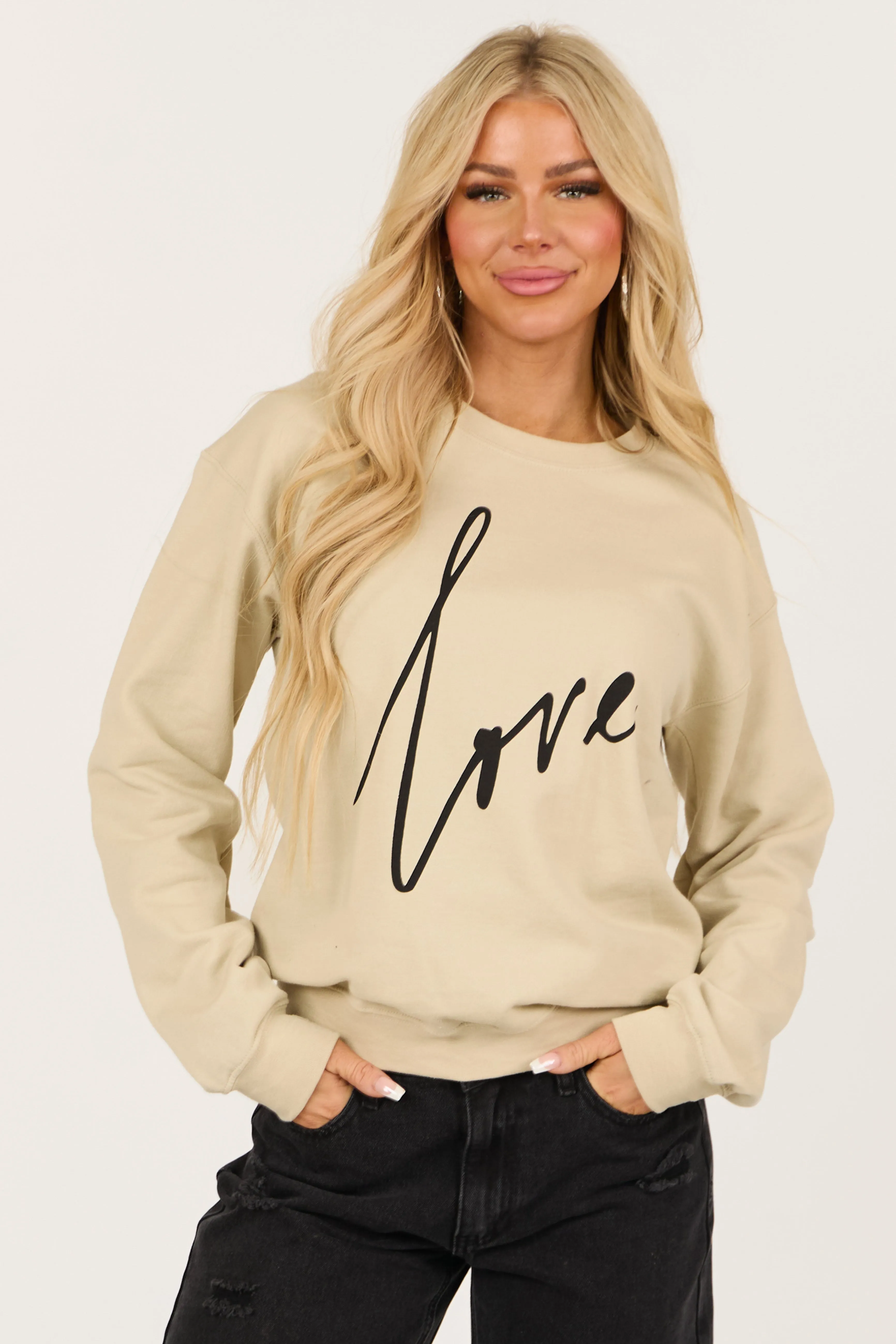 Light Sand 'Love' Graphic Long Sleeve Sweatshirt sold by Lime Lush
