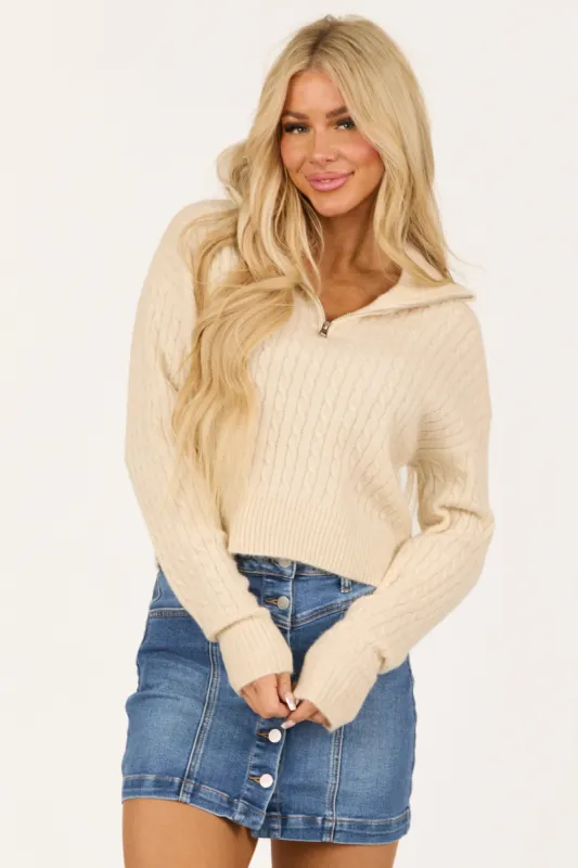 Cream Quarter Zip Up Collared Long Sleeve Sweater sold by Lime Lush