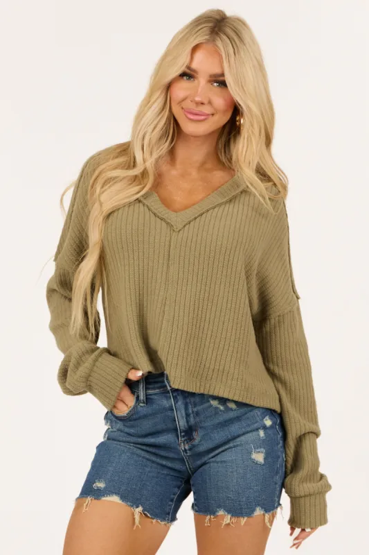 Olive V Neck Exposed Seam Ribbed Sweater sold by Lime Lush