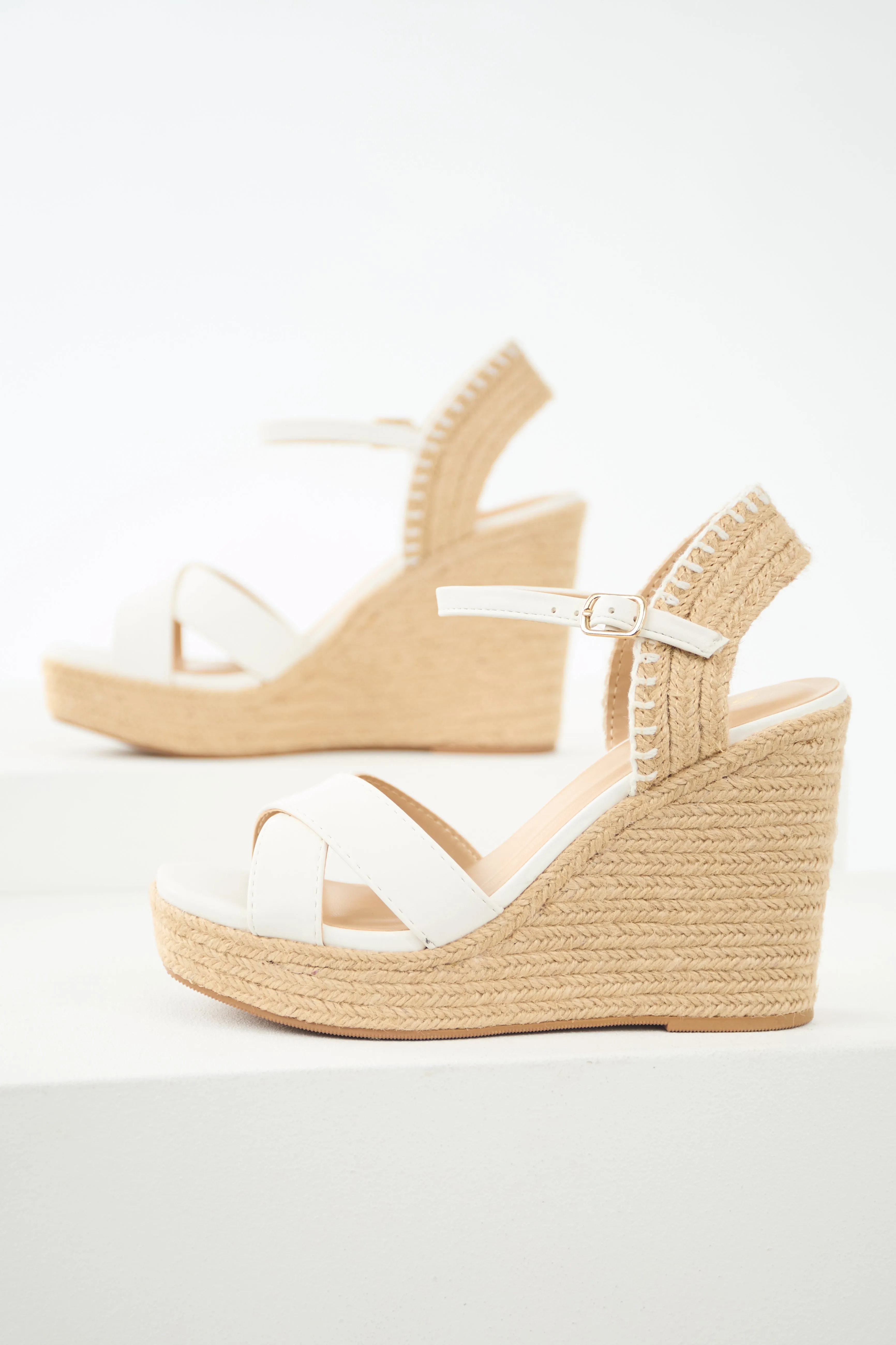 Off White Cross Strap Platform Espadrille Wedges sold by Lime Lush