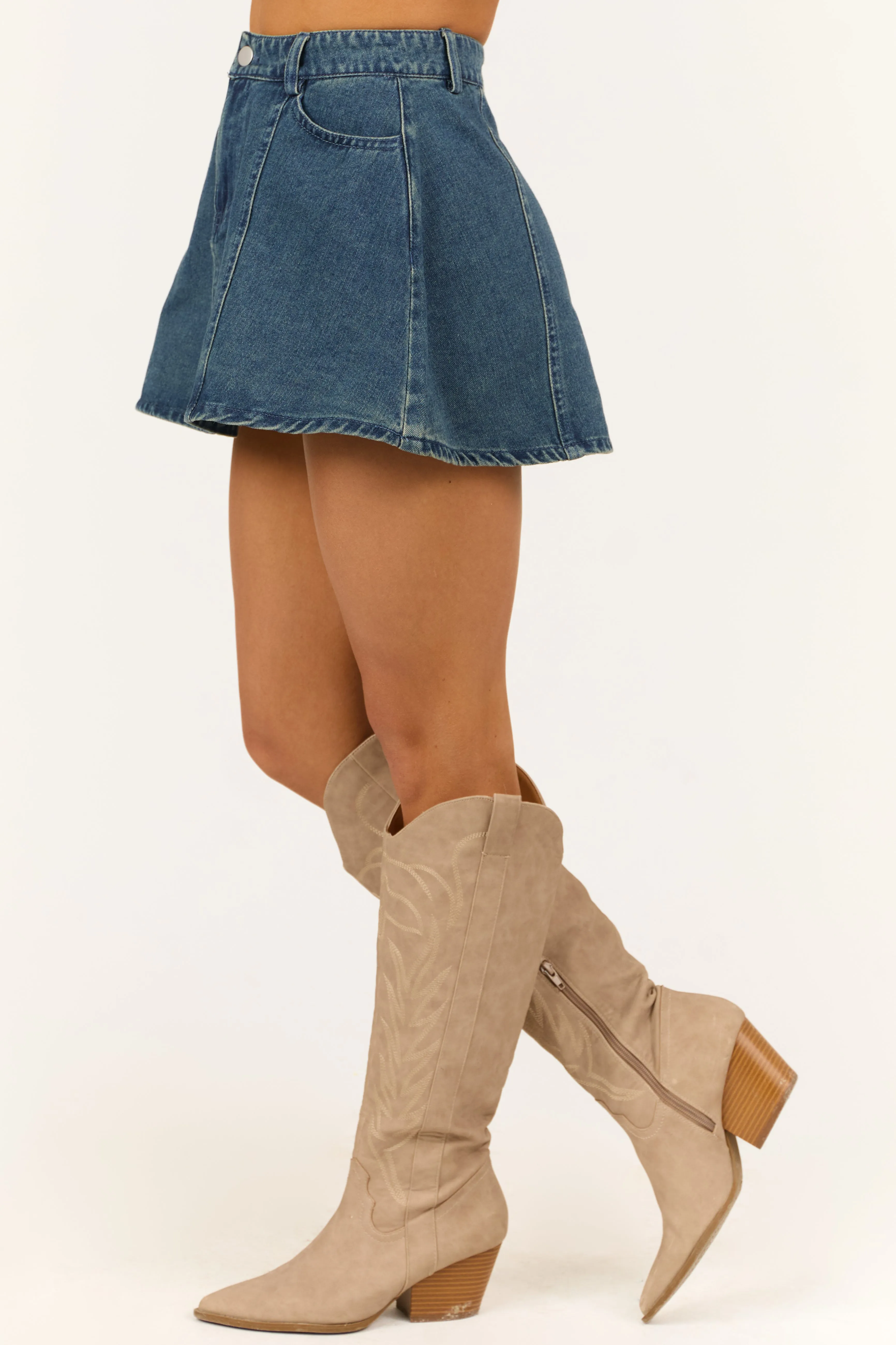 Medium Wash Denim Mid Rise Flare Mini Skirt sold by Lime Lush product image thumbnail 3