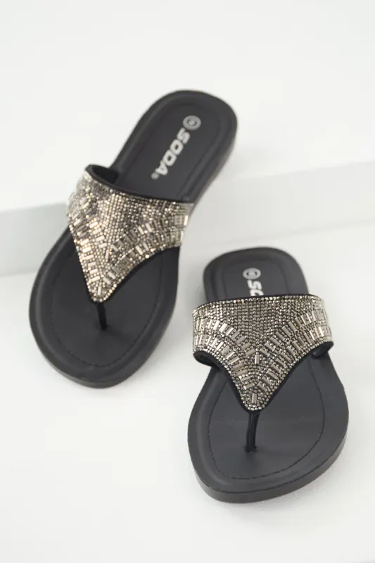 Black Rhinestone Flat Slip On Sandals sold by Lime Lush
