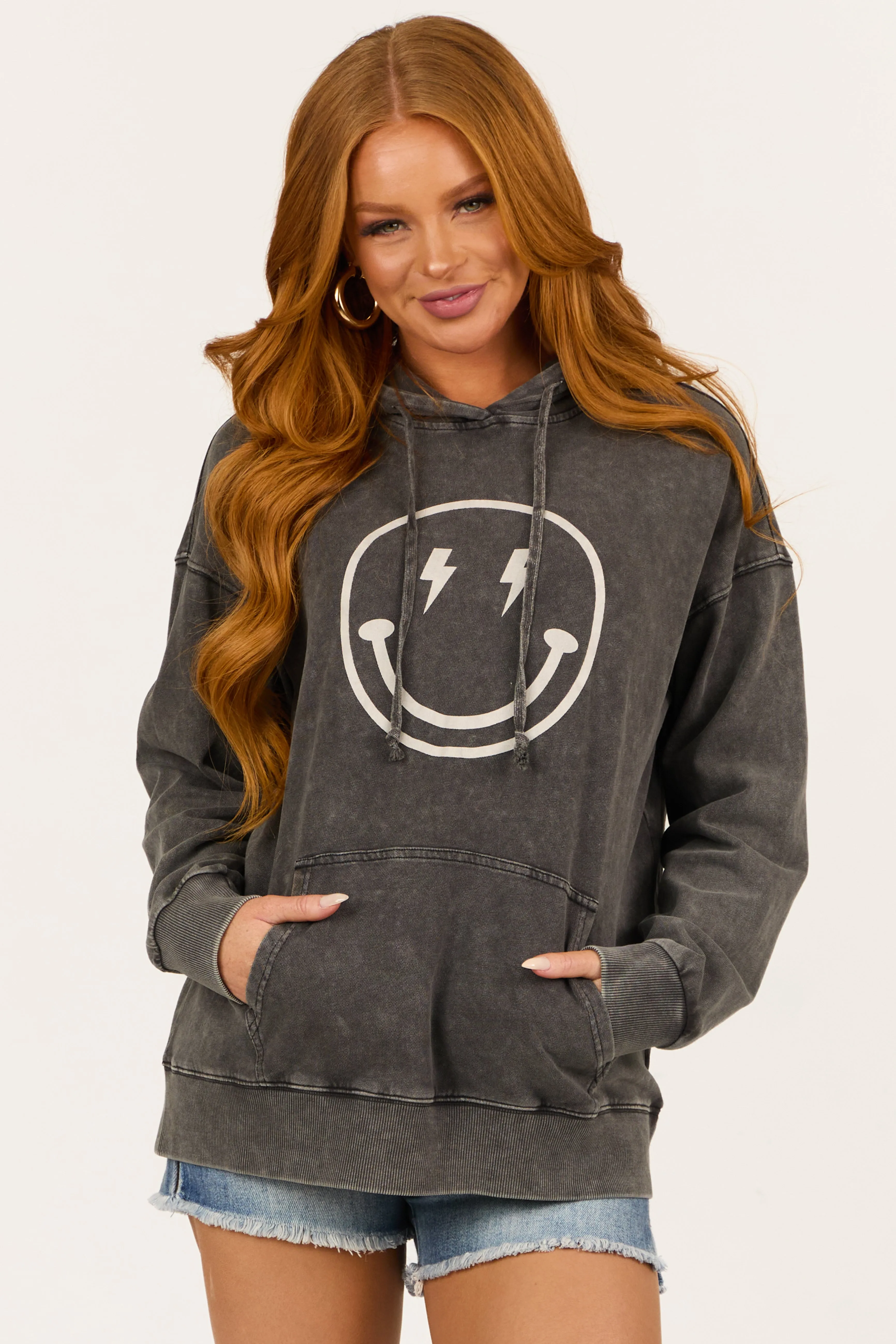 Charcoal Happy Face Mineral Wash Drawstring Hoodie sold by Lime Lush