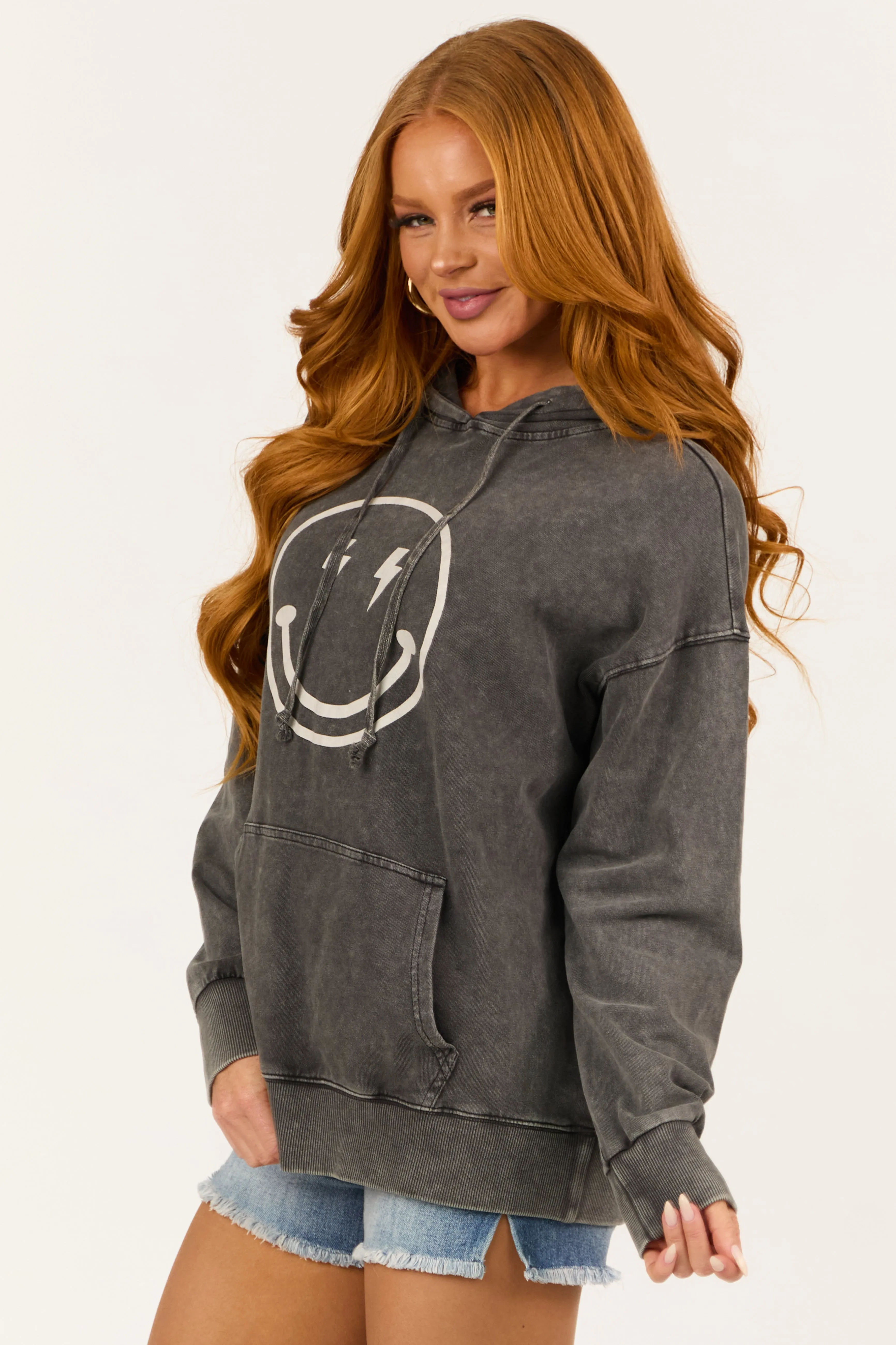Charcoal Happy Face Mineral Wash Drawstring Hoodie sold by Lime Lush product image thumbnail 4