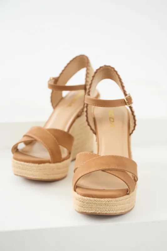 Cognac Cross Strap Platform Espadrille Wedges sold by Lime Lush