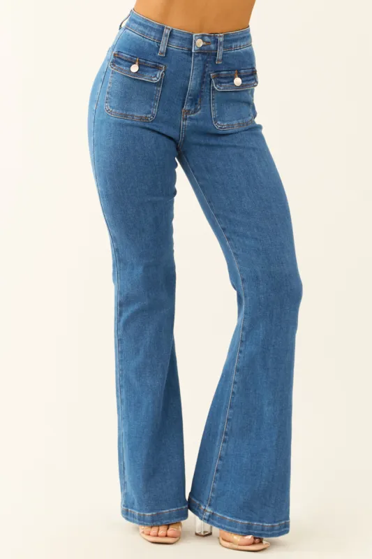 Special A Medium Dark Wash Tummy Control Flare Jeans sold by Lime Lush