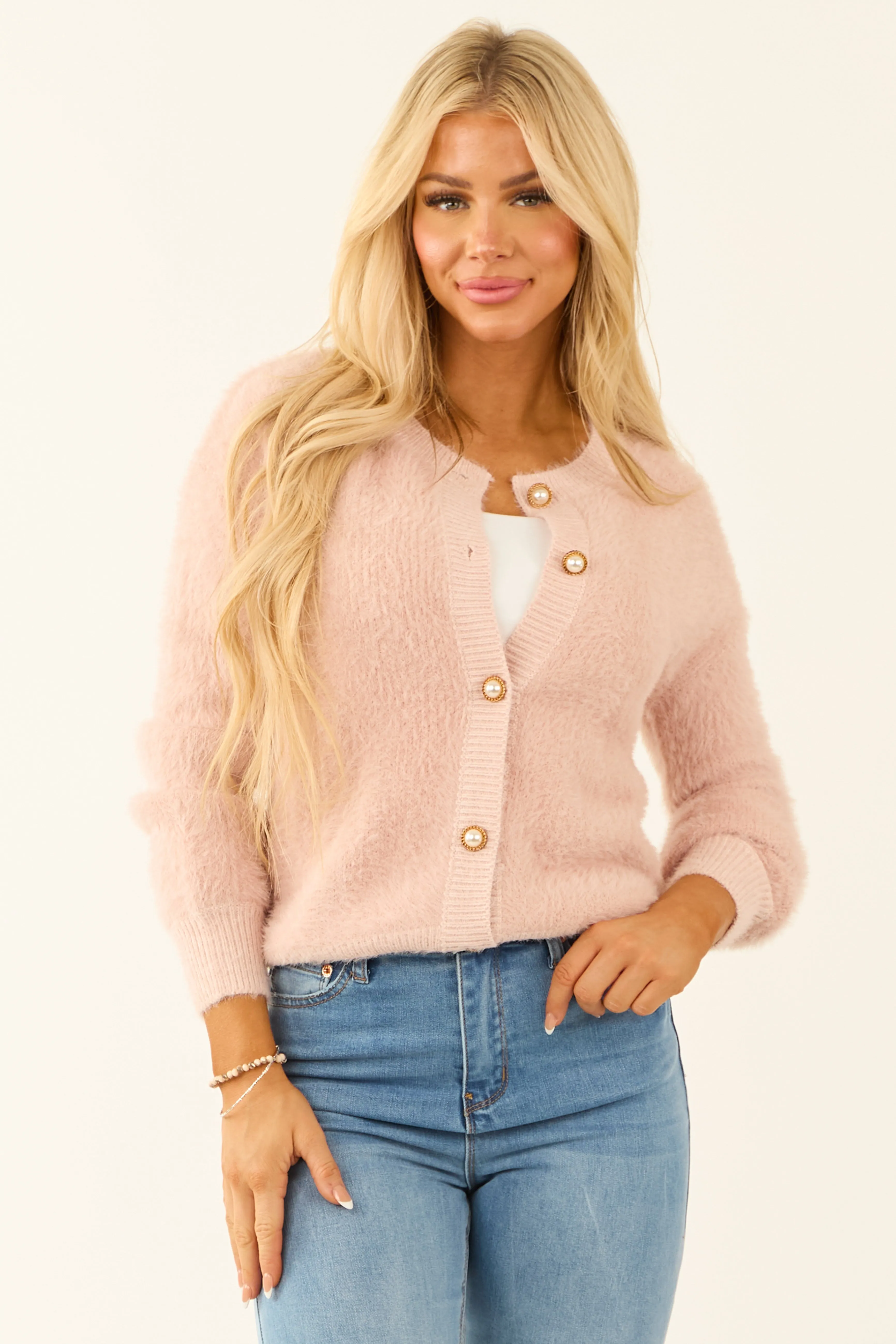 Blush Pearl Button Up Eyelash Knit Cardigan sold by Lime Lush