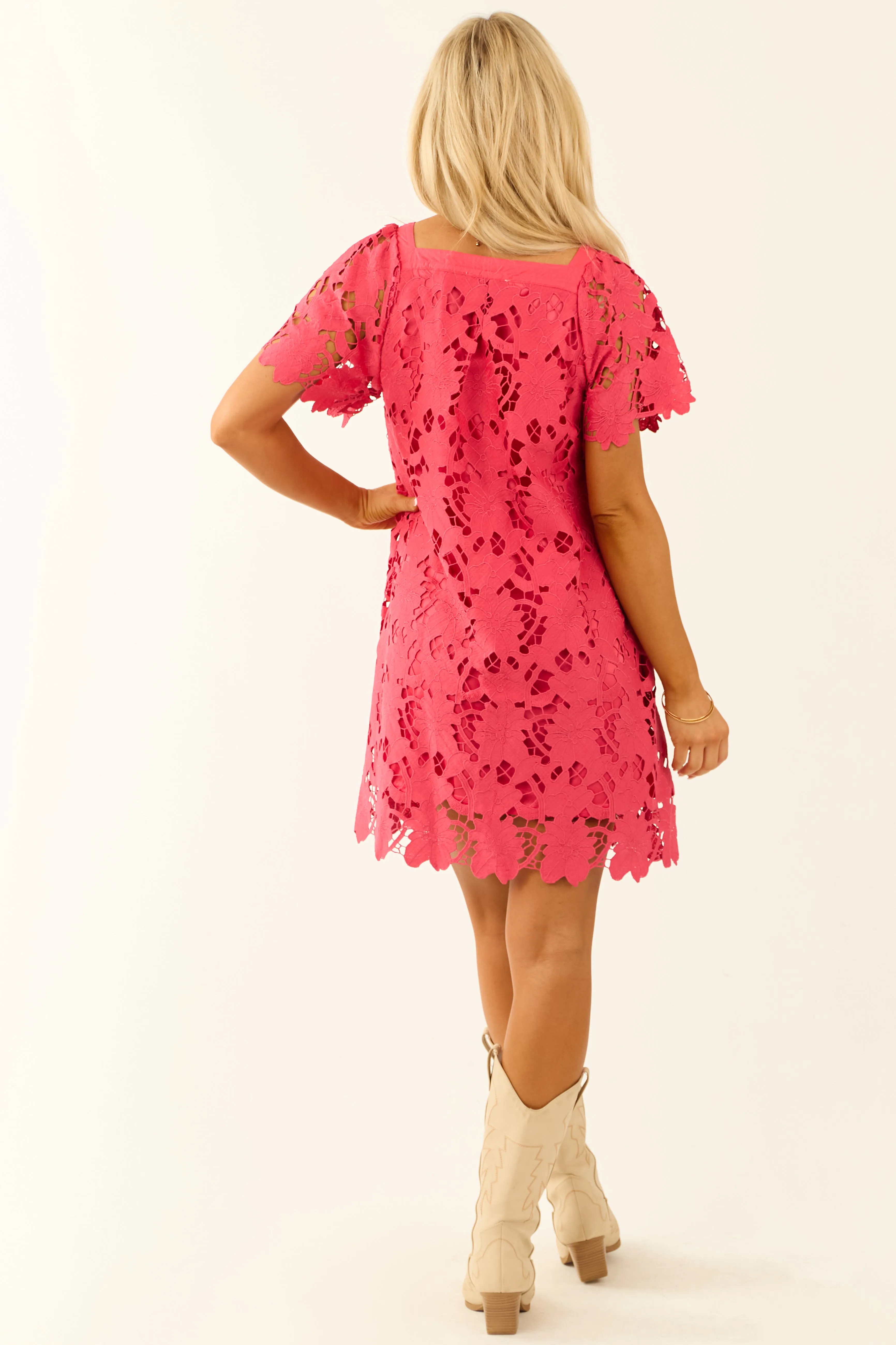 Raspberry Floral Lace Short Sleeve Mini Dress sold by Lime Lush product image thumbnail 5