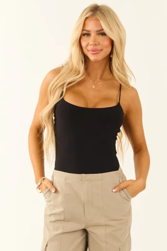 Black Spaghetti Strap Scoop Neck Bodysuit sold by Lime Lush