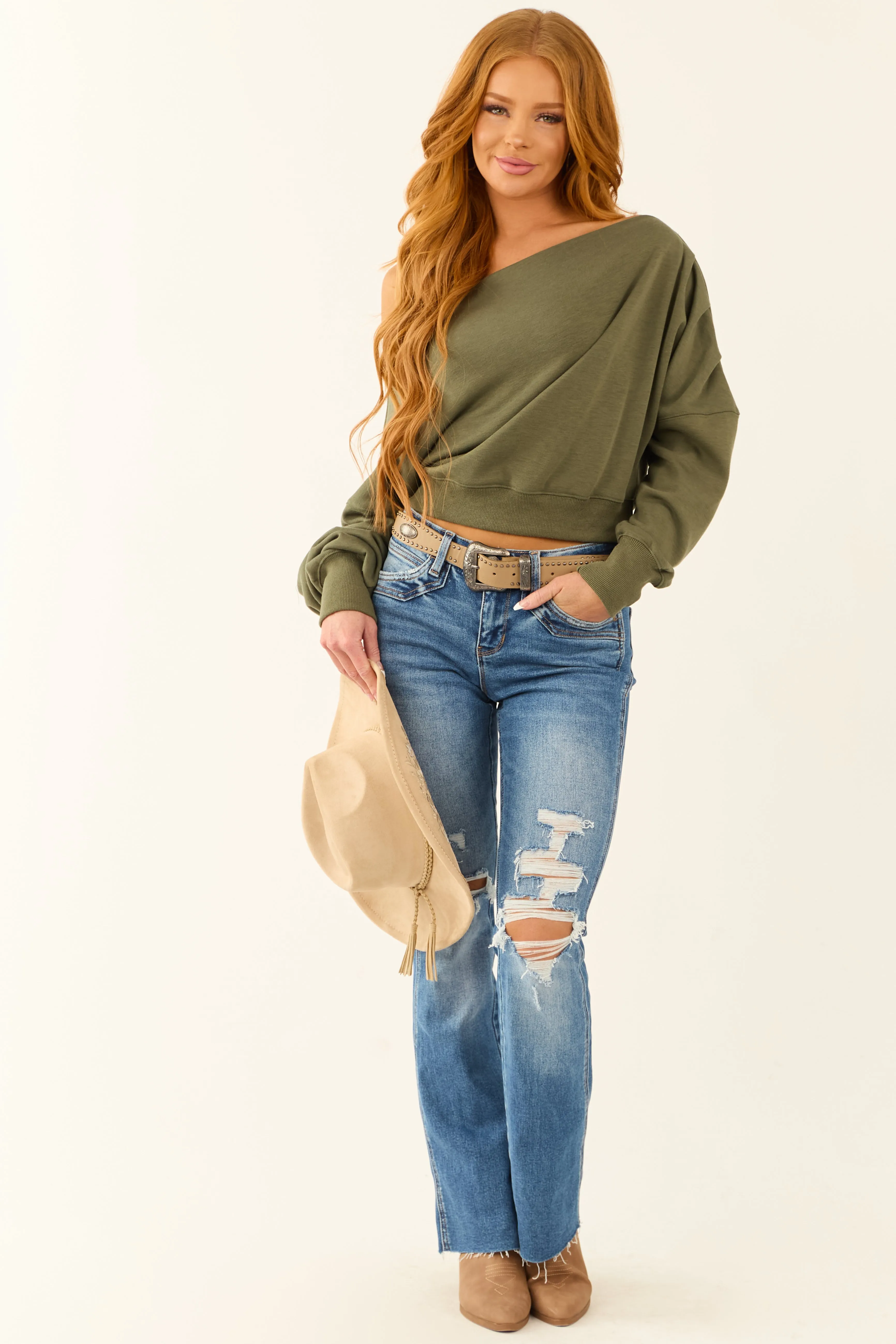 Deep Olive One Shoulder Long Sleeve Sweater sold by Lime Lush product image thumbnail 4
