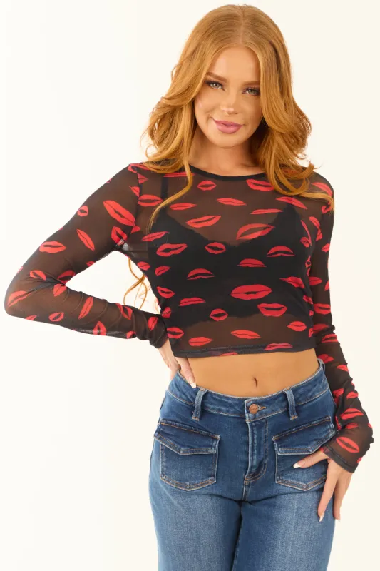 Black Lip Print Graphic Long Sleeve Mesh Top sold by Lime Lush